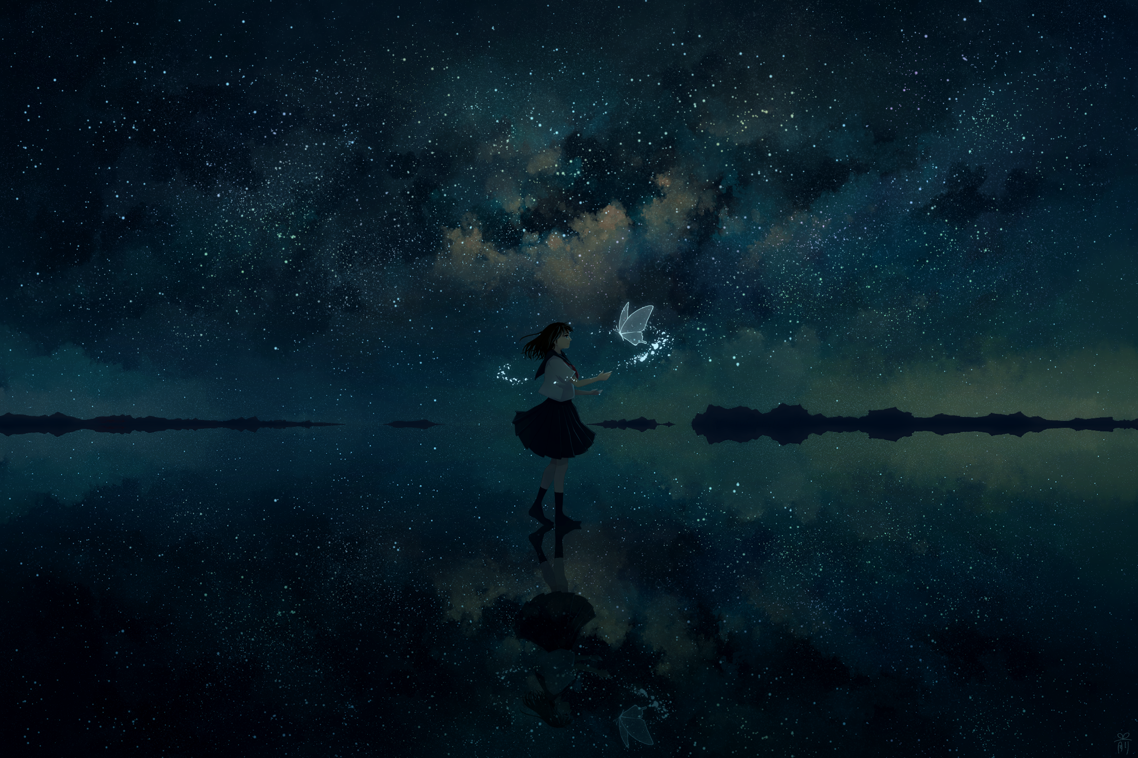 Girl in school uniform with glowing butterfly under starry sky HD Wallpaper