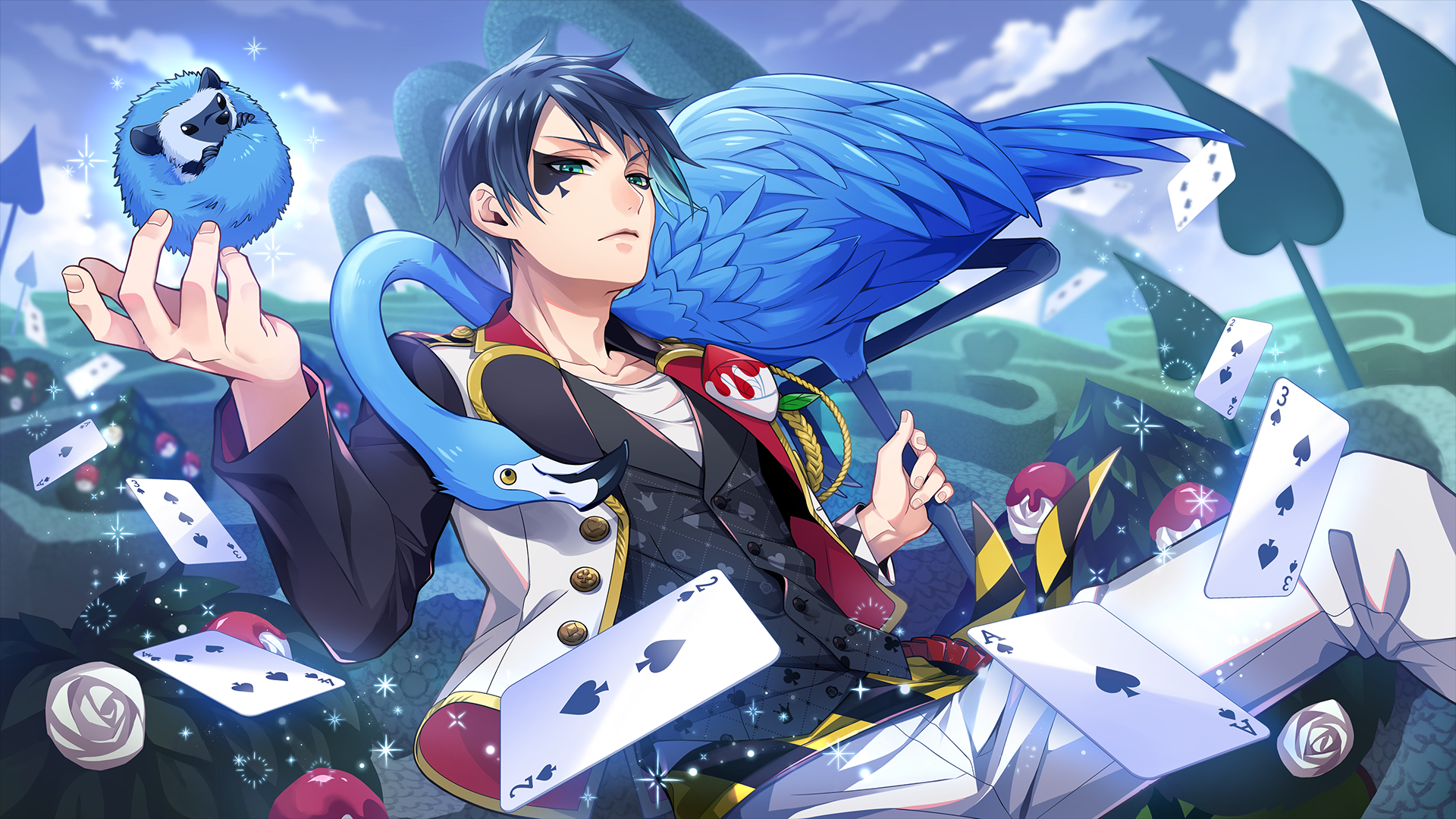 Deuce Spade from Twisted Wonderland with a blue hedgehog and flamingo HD Wallpaper
