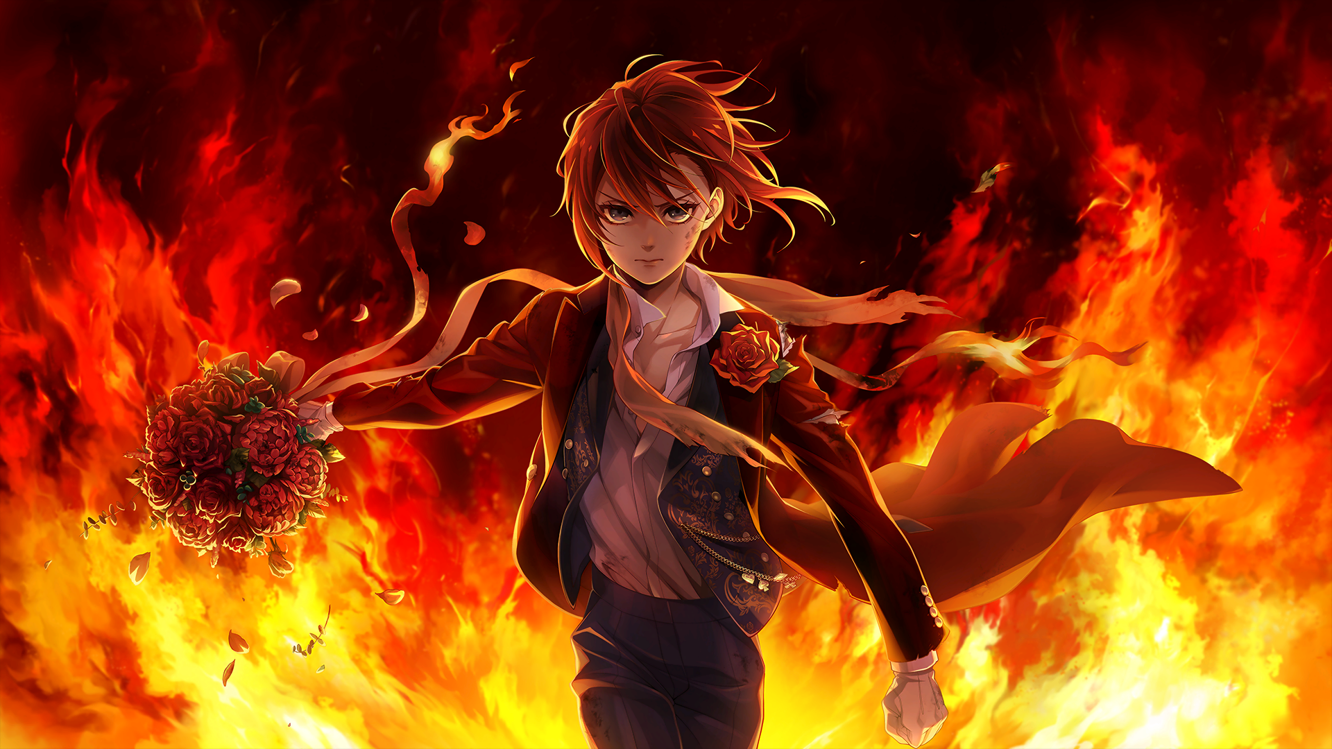 Riddle Rosehearts from Twisted Wonderland in flames HD Wallpaper