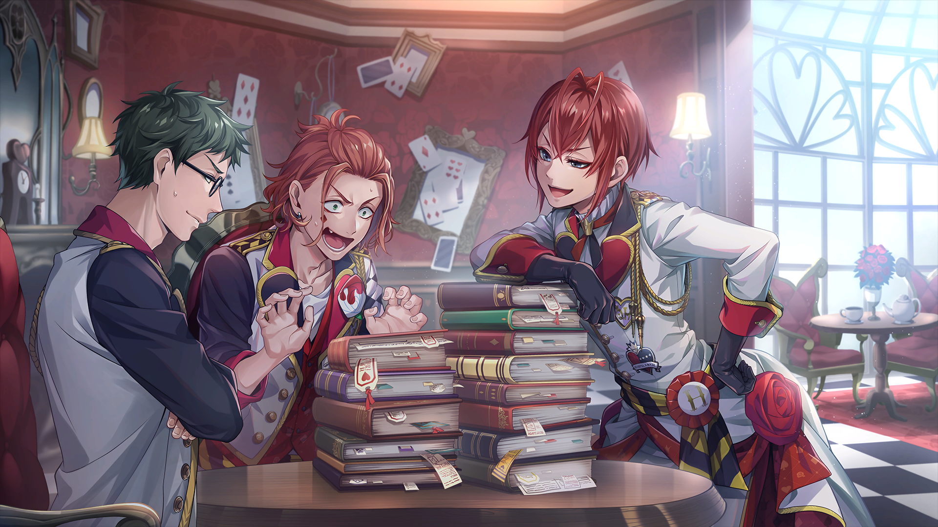 Riddle Rosehearts, Trey Clover, and Cater Diamond from Twisted Wonderland HD Wallpaper