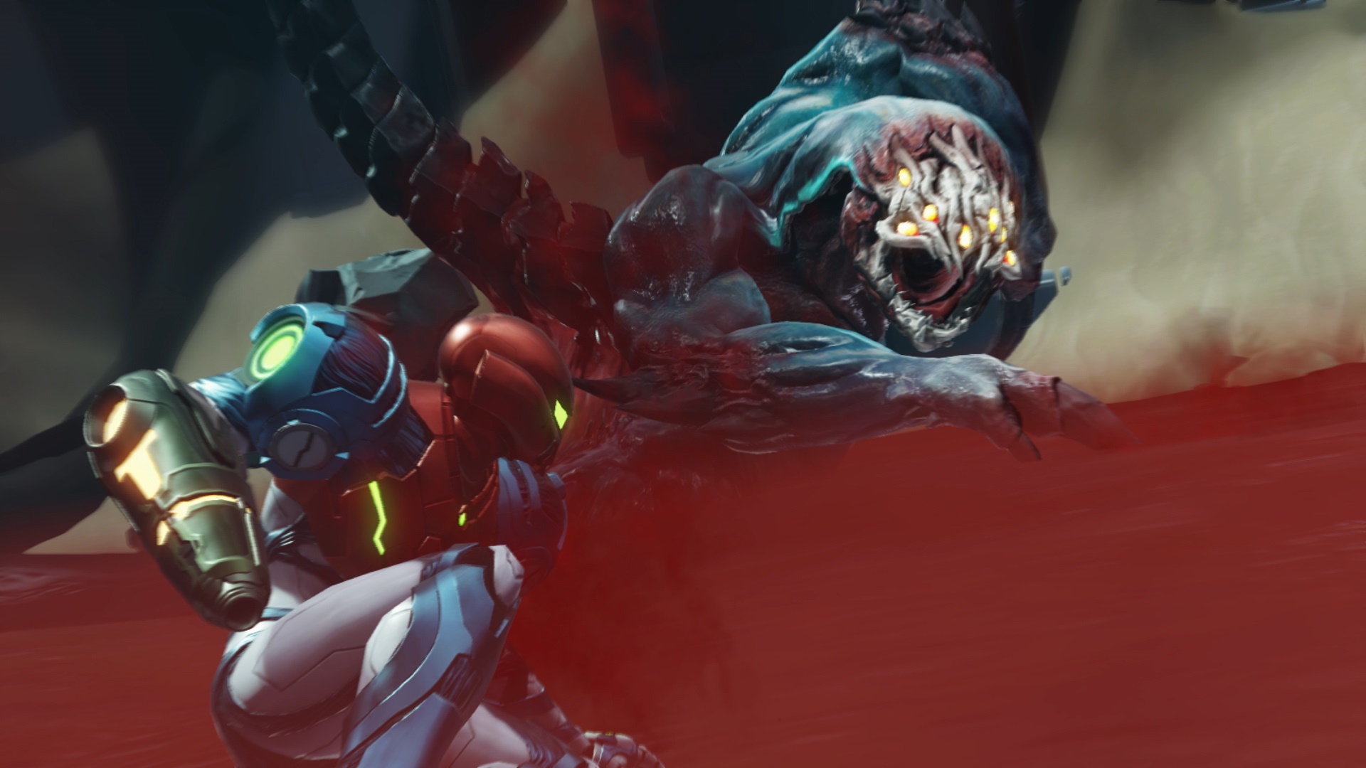 Samus Aran from Metroid Dread fighting a creature HD Wallpaper