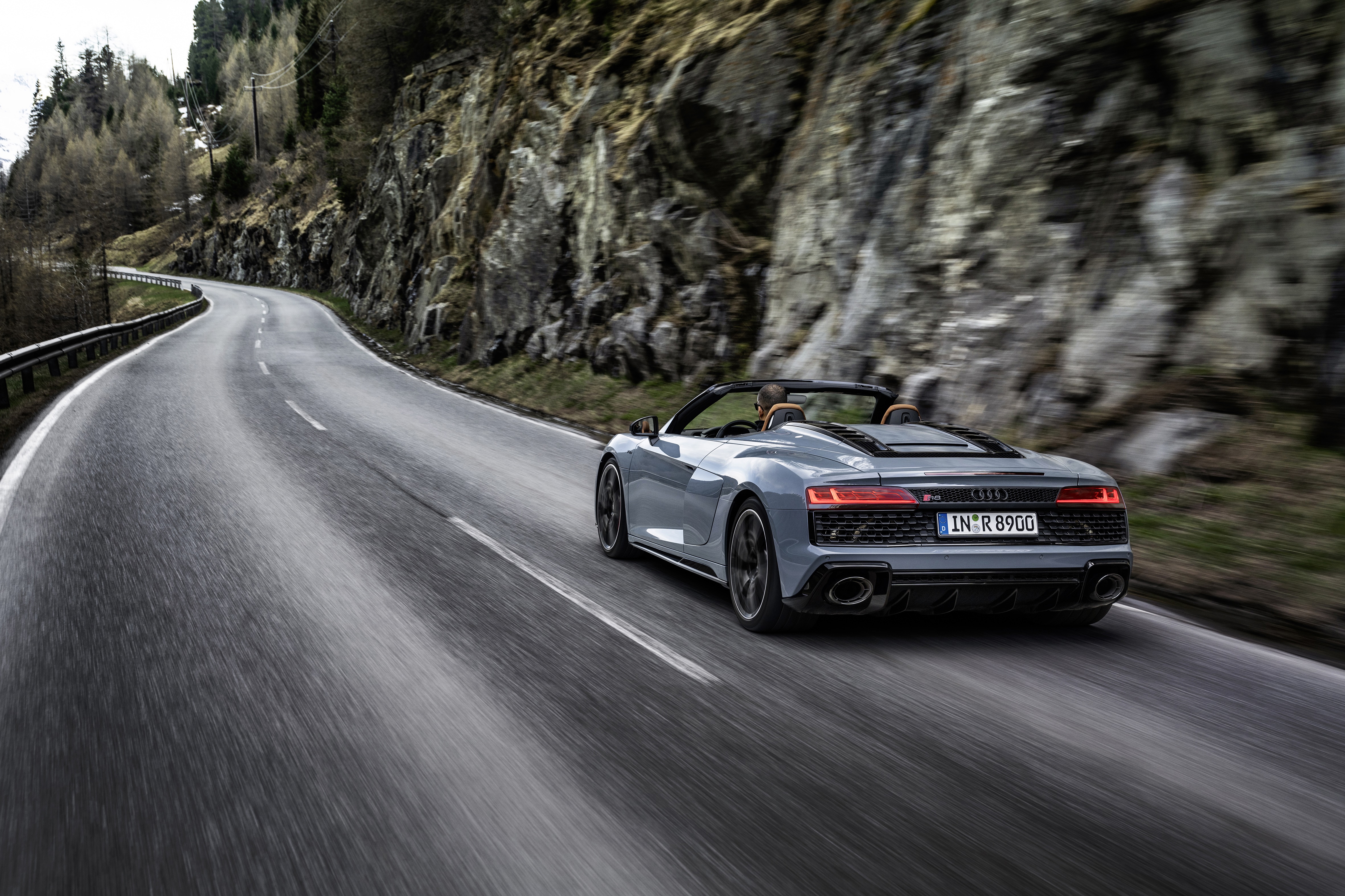 Audi R8 GT Spyder driving on a mountain road HD Wallpaper