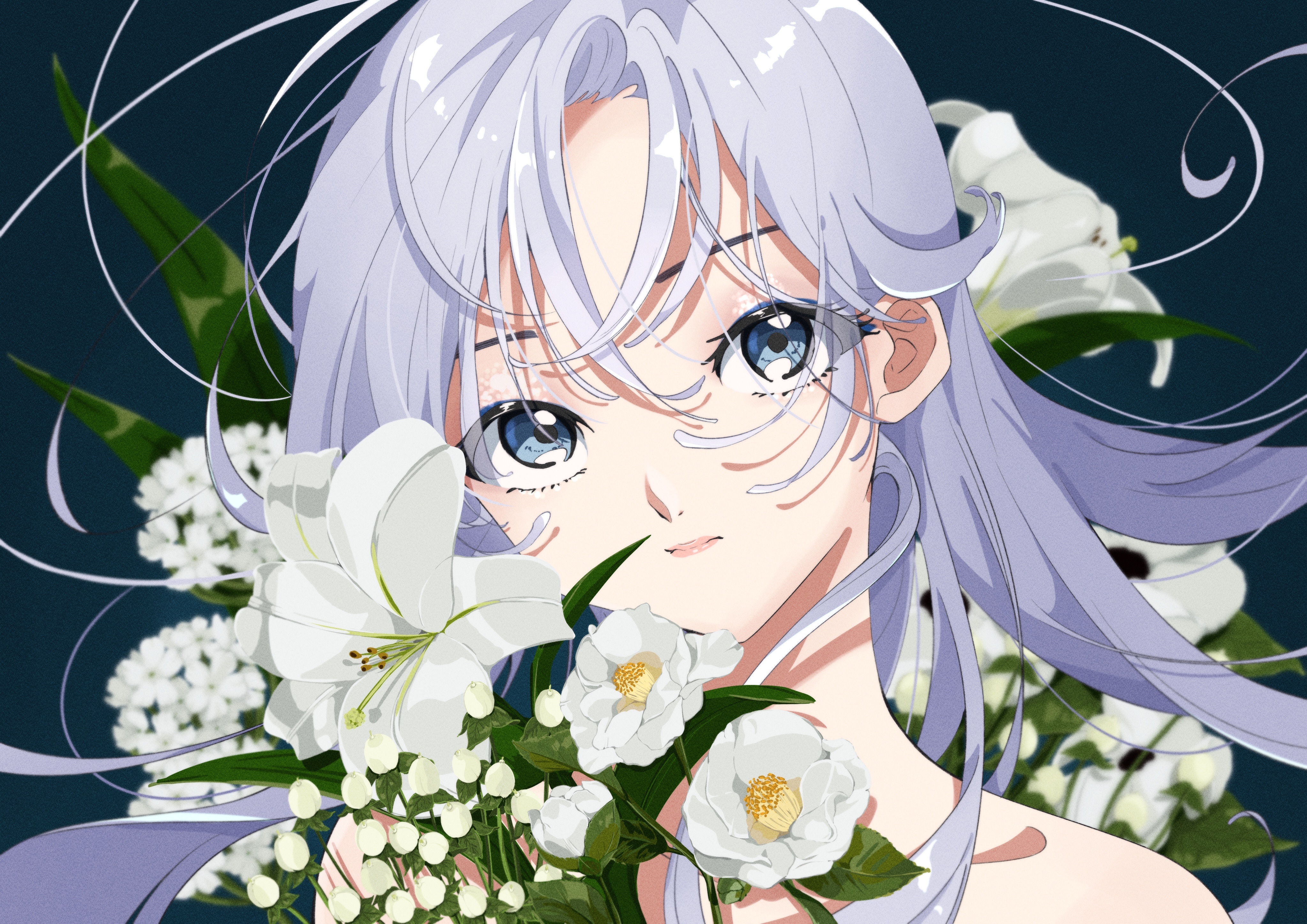 Girl with white lilies 4K HD Wallpaper