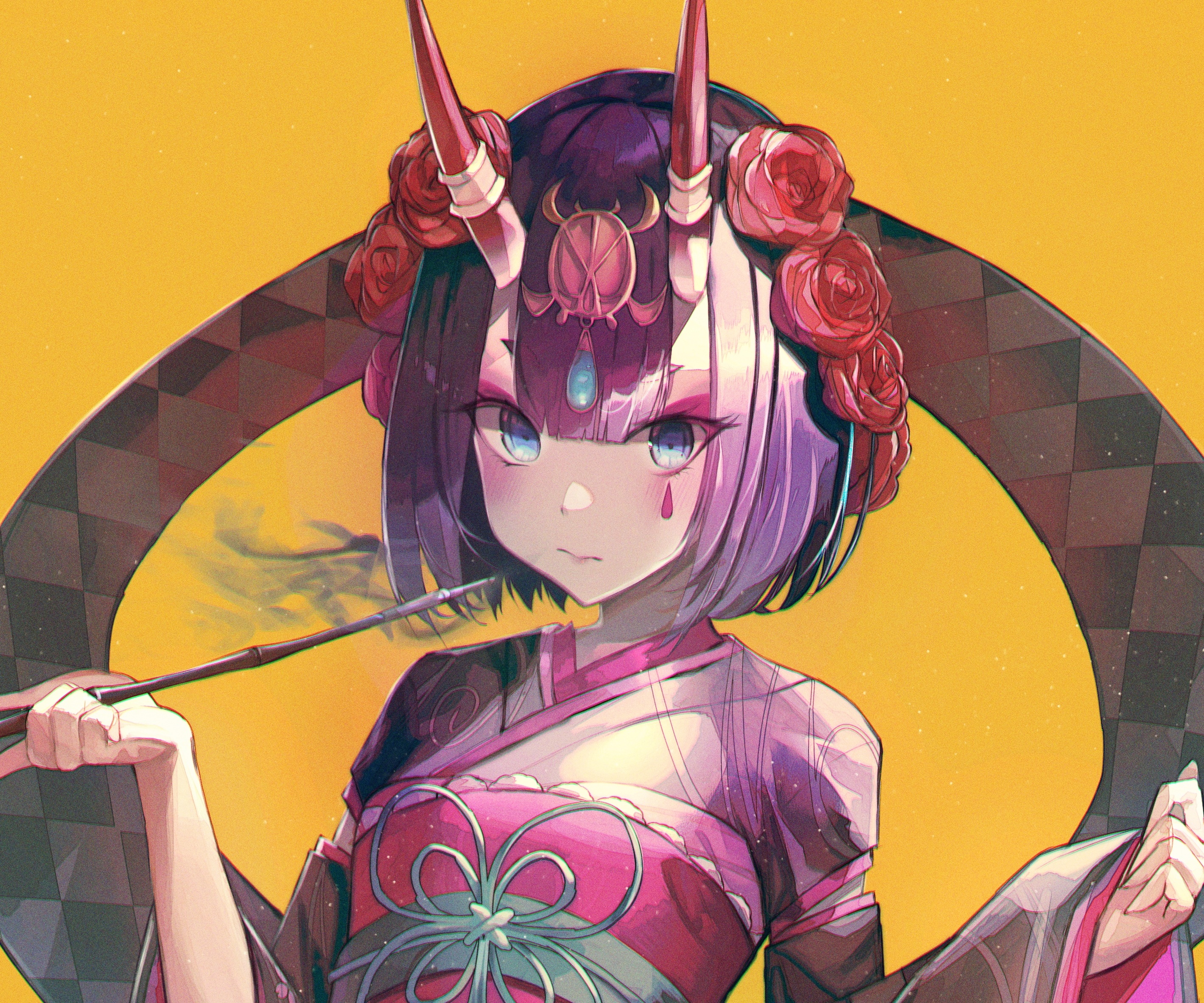 Assassin from Fate/Grand Order with horns and roses HD Wallpaper