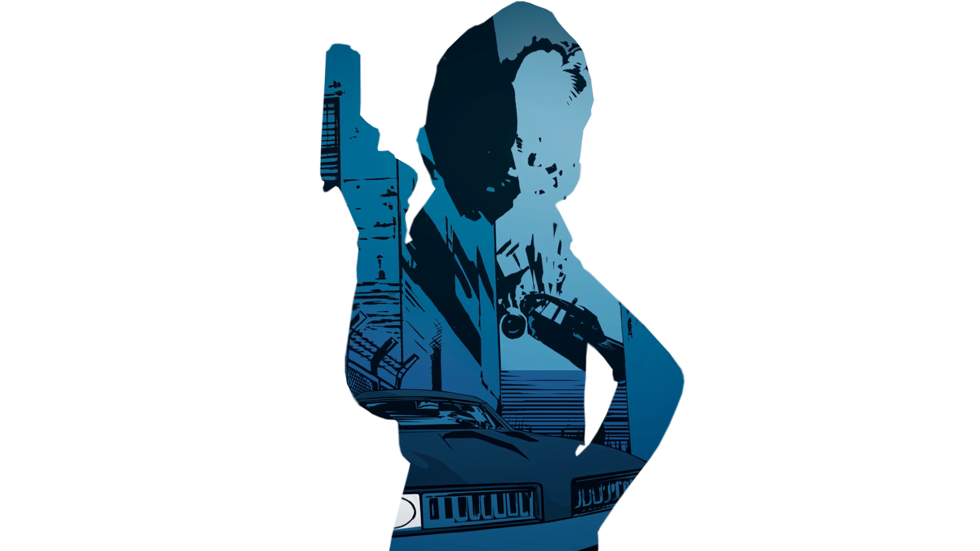 Silhouette of a man holding a gun with a car and city background HD Wallpaper