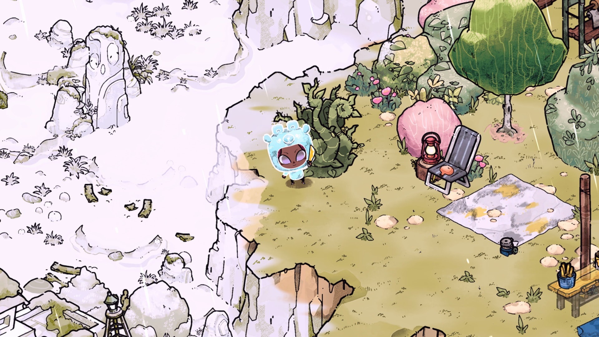 Cozy Grove character on a cliffside HD Wallpaper