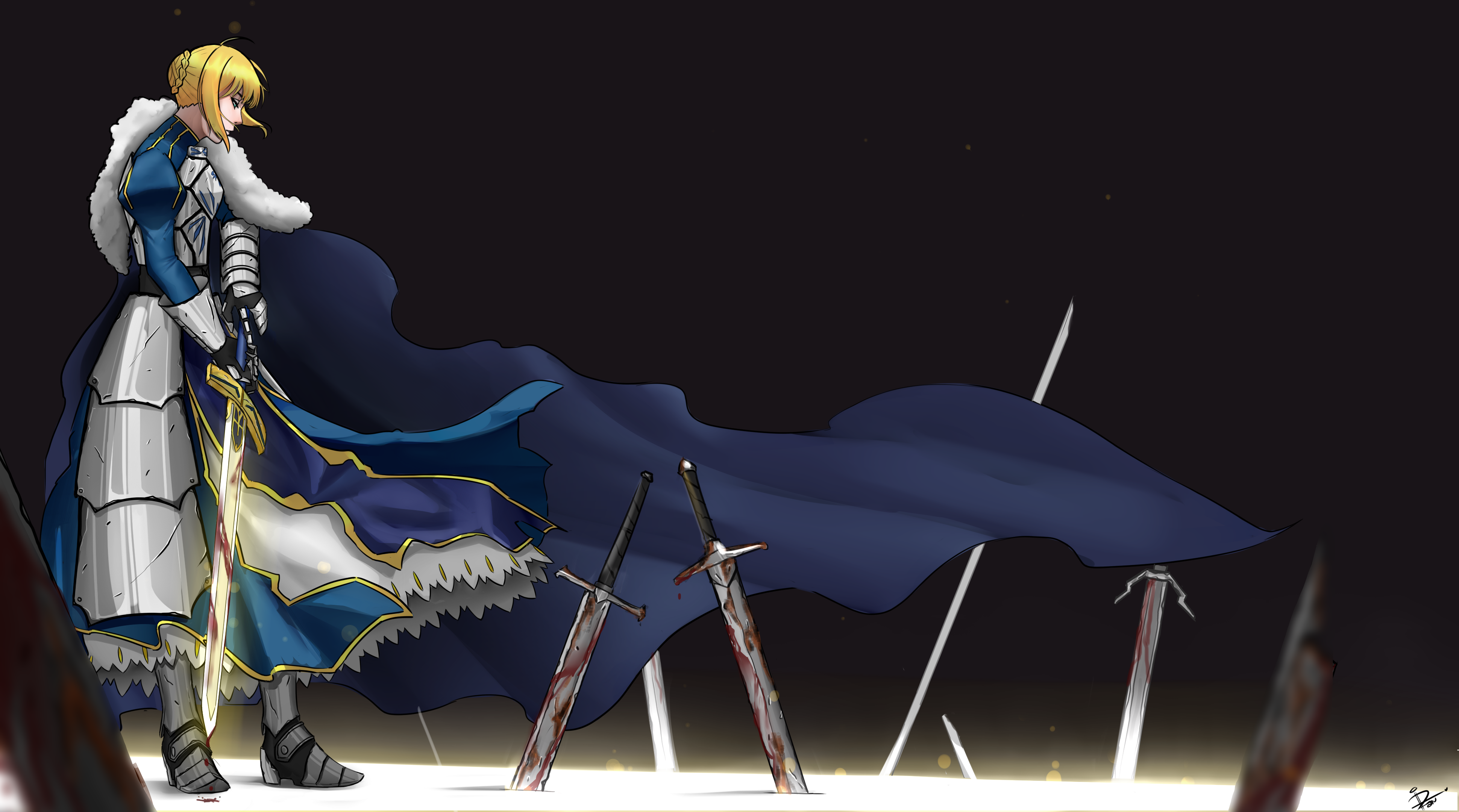 Saber from Fate Series with bloody swords HD Wallpaper