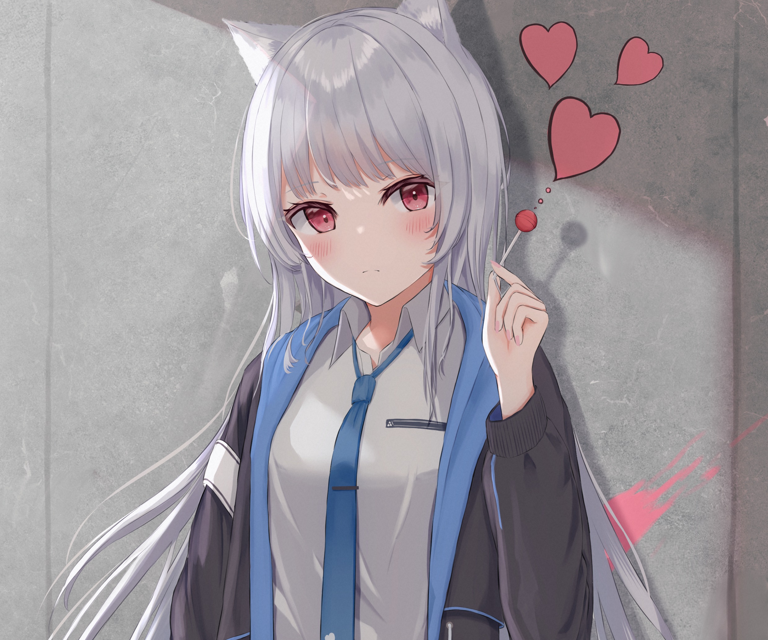 Anime girl with white hair and red eyes holding a lollipop HD Wallpaper