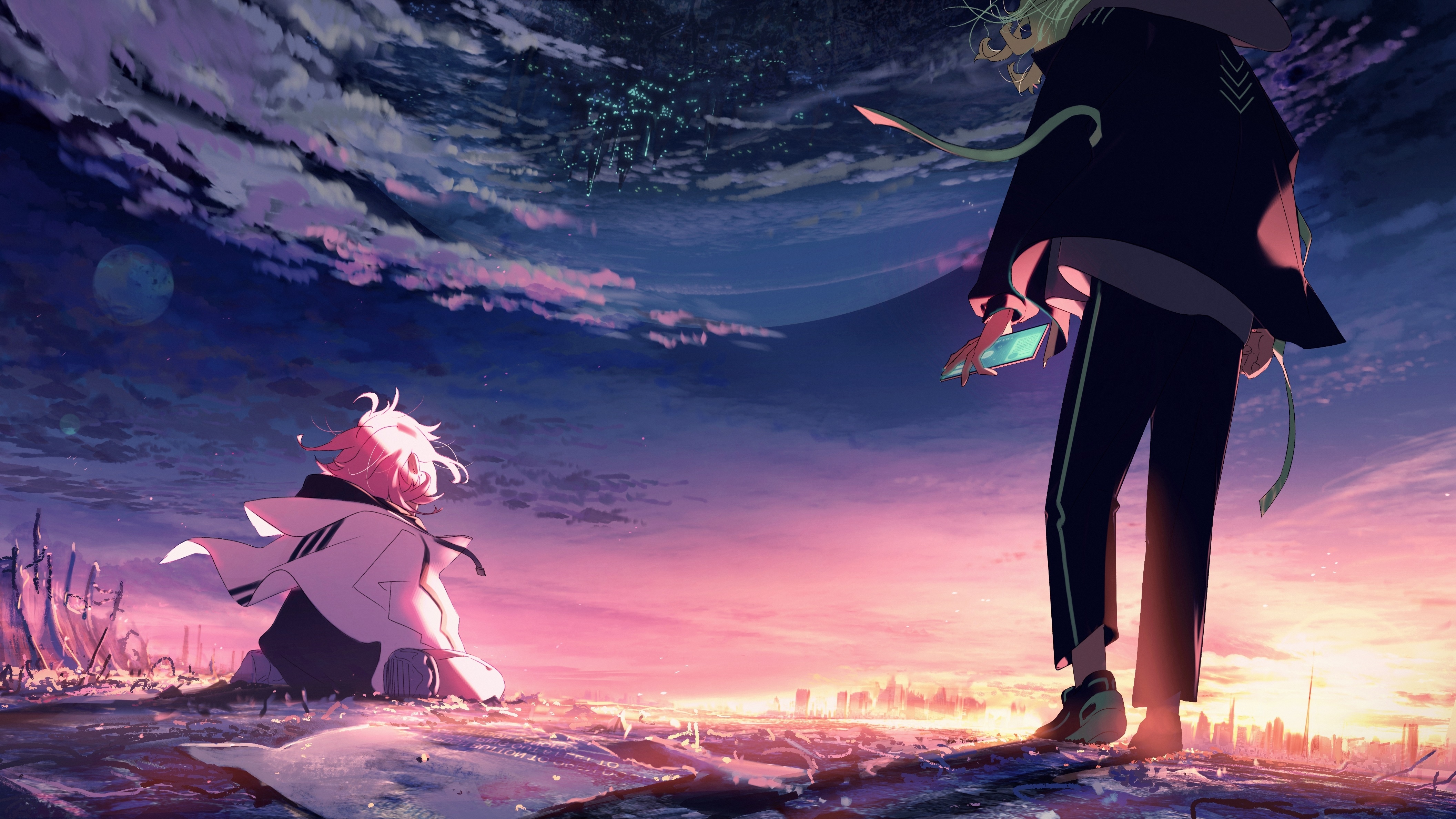 Two figures in a post-apocalyptic landscape at sunset HD Wallpaper