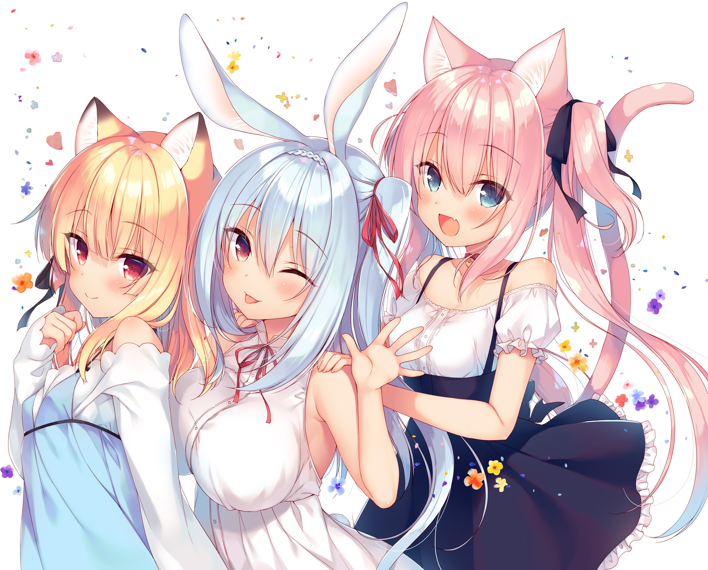 Three anime girls with animal ears HD Wallpaper