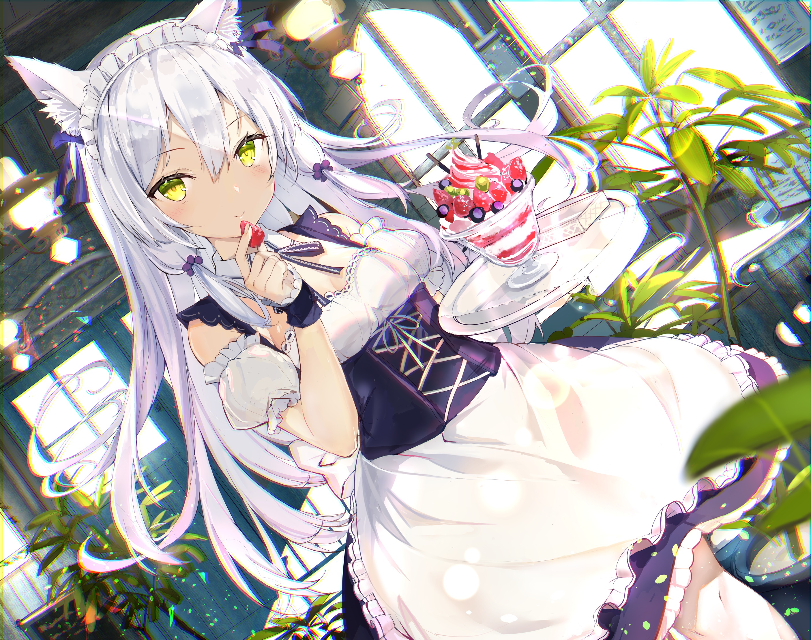 Anime girl with cat ears in maid outfit holding parfait HD Wallpaper