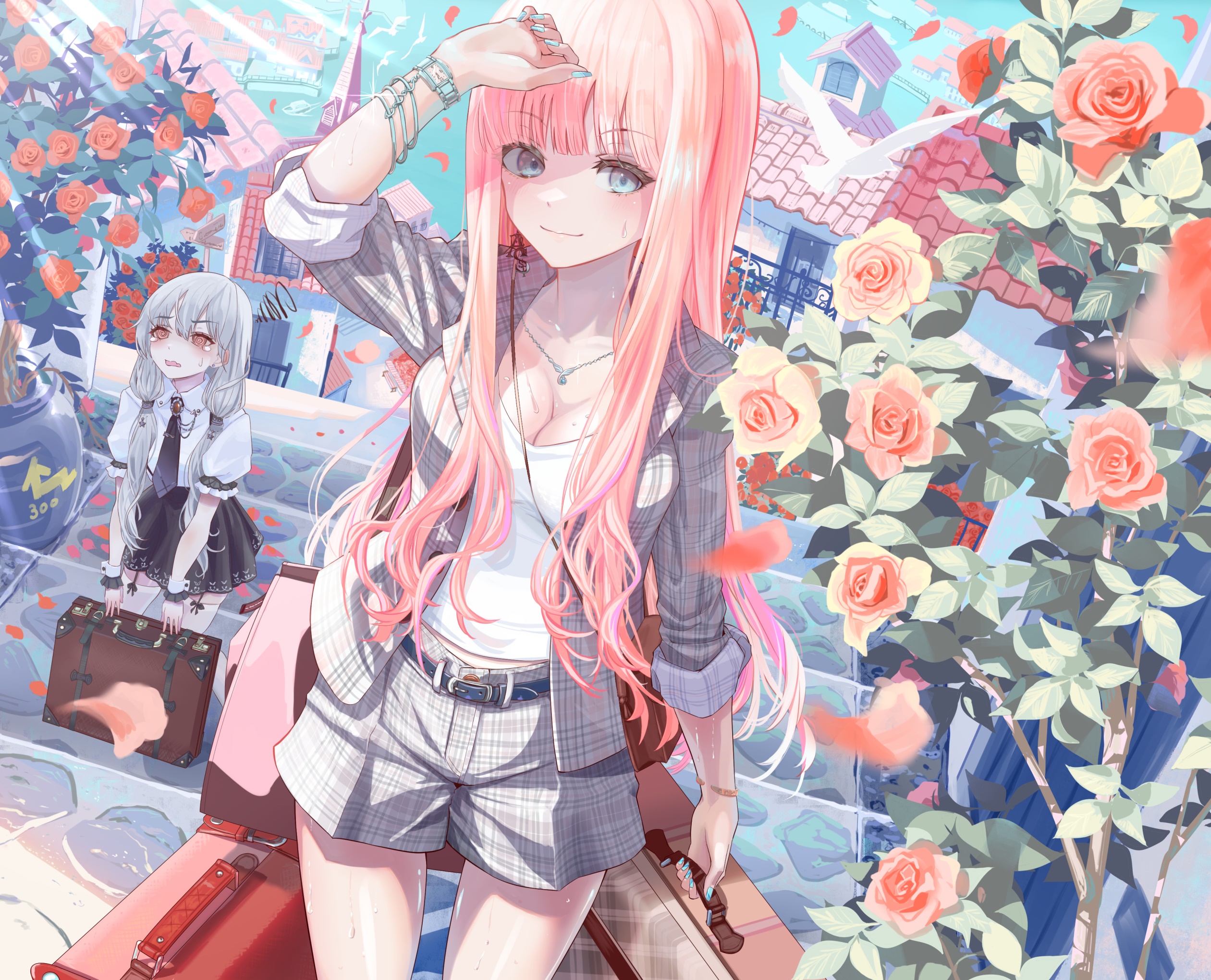 Two anime girls with pink and white hair and suitcases HD Wallpaper