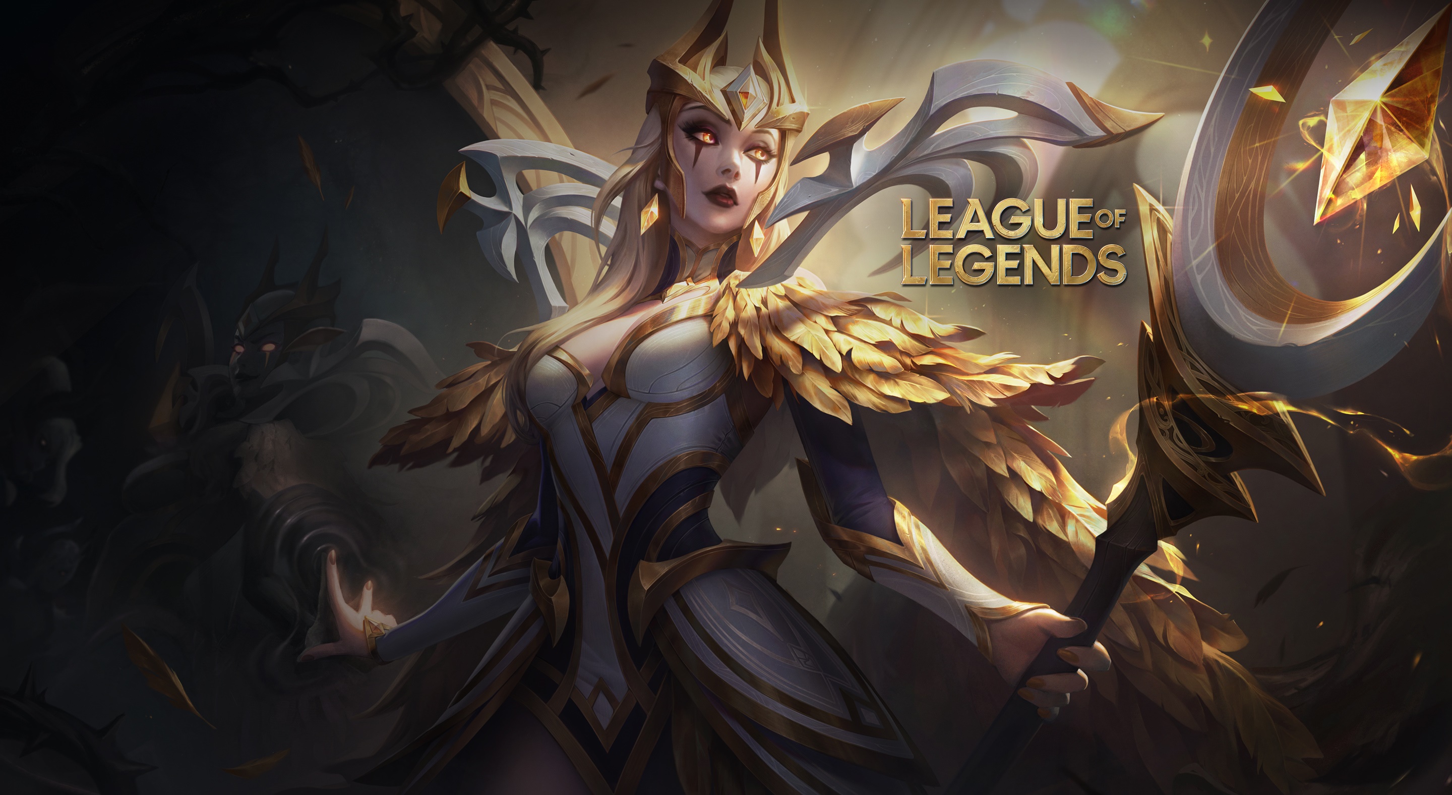 League of Legends character with golden wings and staff HD Wallpaper