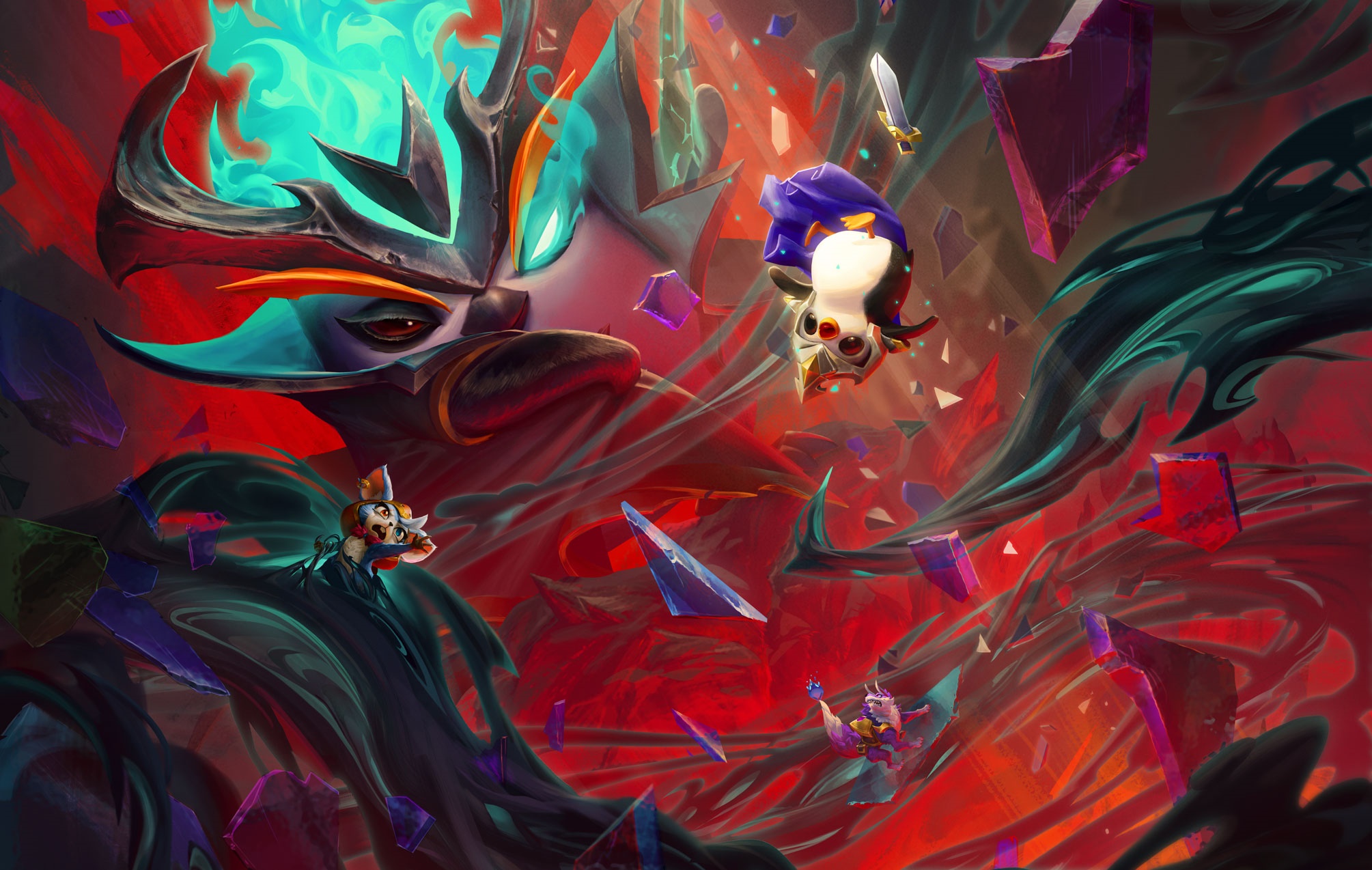 League of Legends characters in a chaotic battle HD Wallpaper