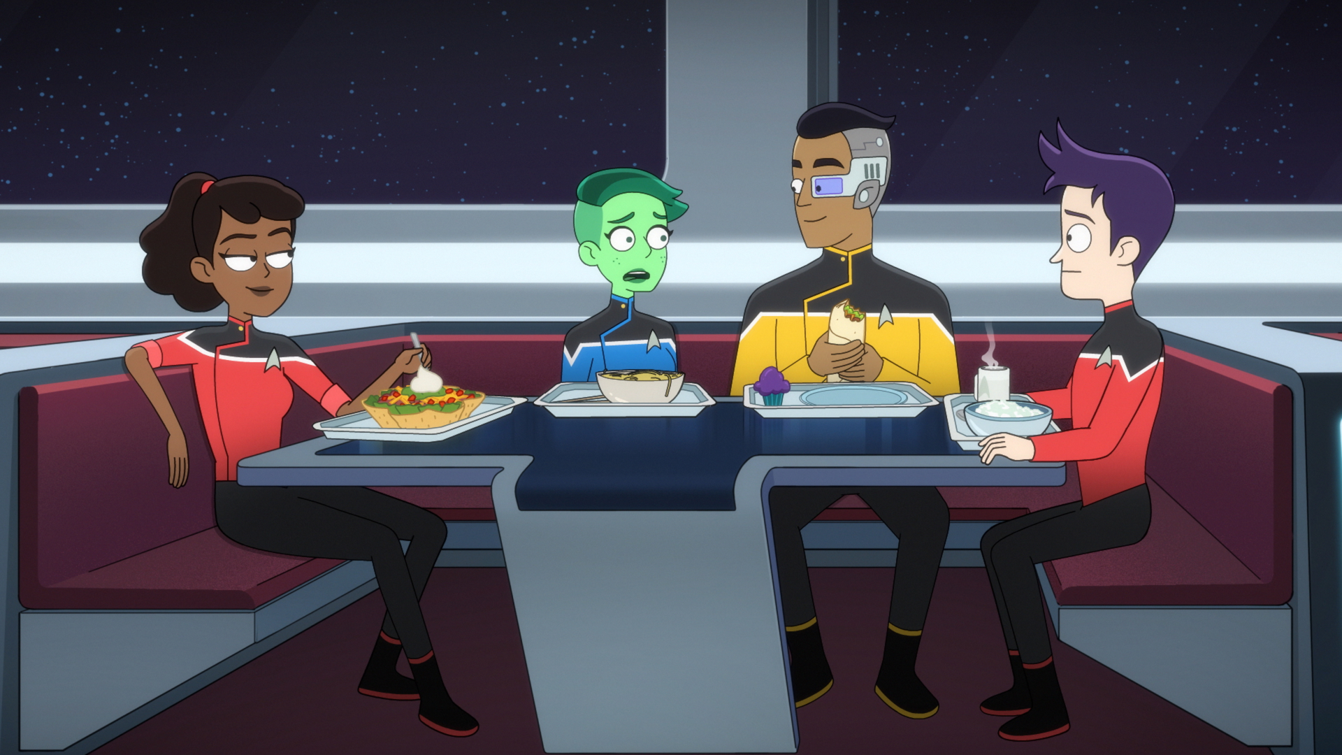 Star Trek: Lower Decks characters eating in mess hall HD Wallpaper