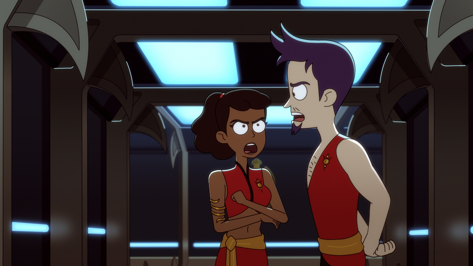 Two characters from Star Trek: Lower Decks in red uniforms HD Wallpaper