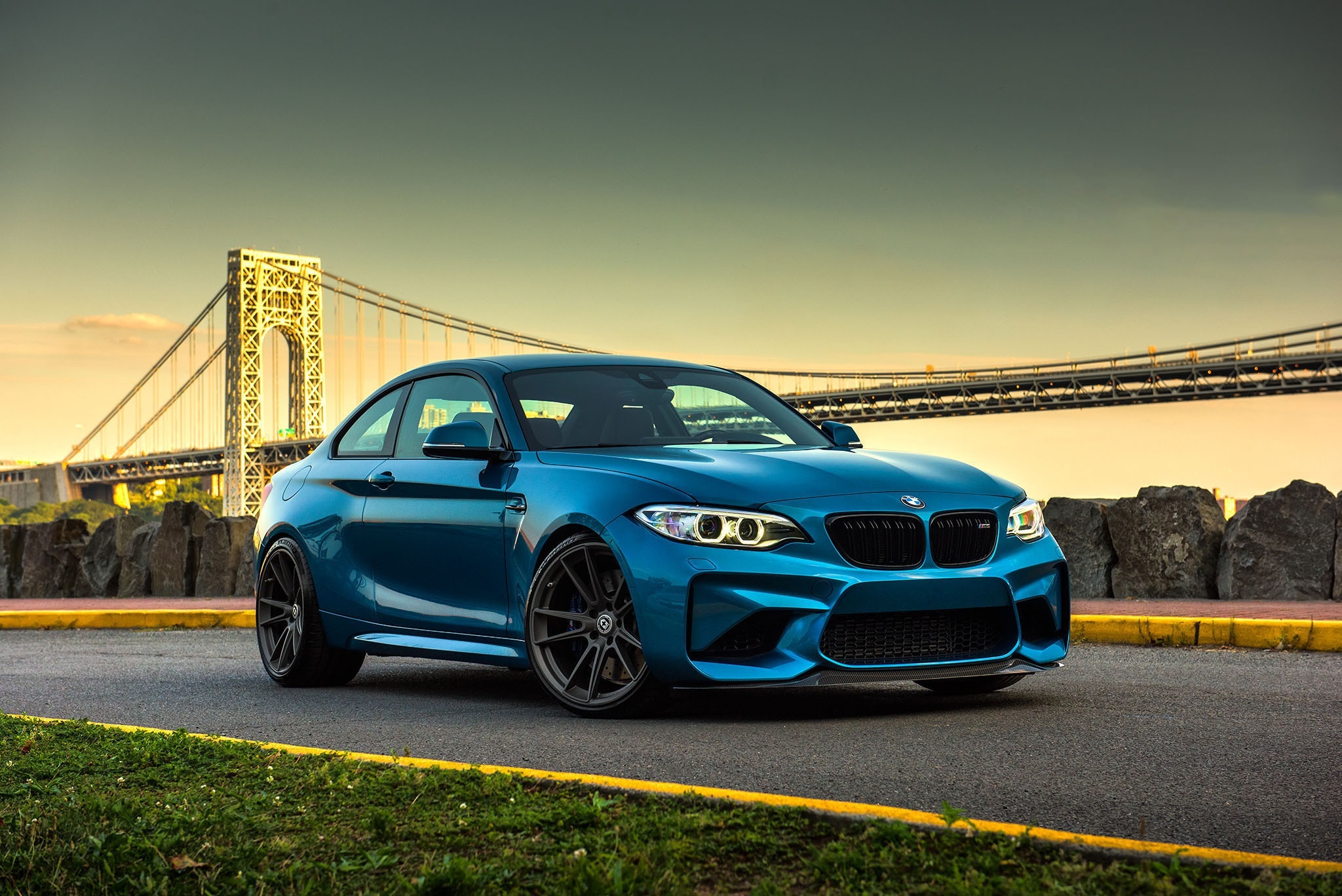 Blue BMW M2 Coupe on Road with Bridge HD Wallpaper