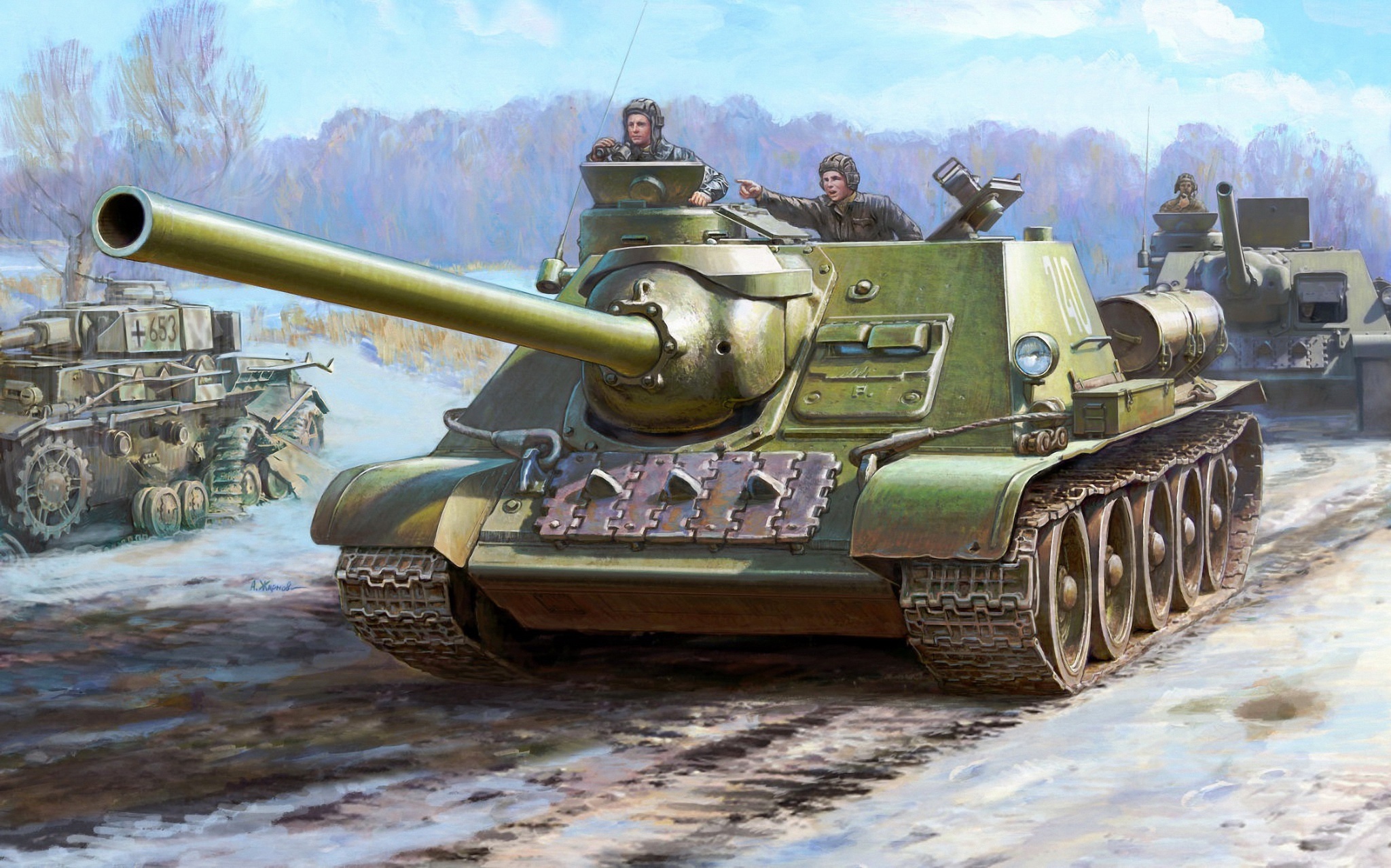 SU-100 Self-Propelled Artillery in Winter Landscape HD Wallpaper