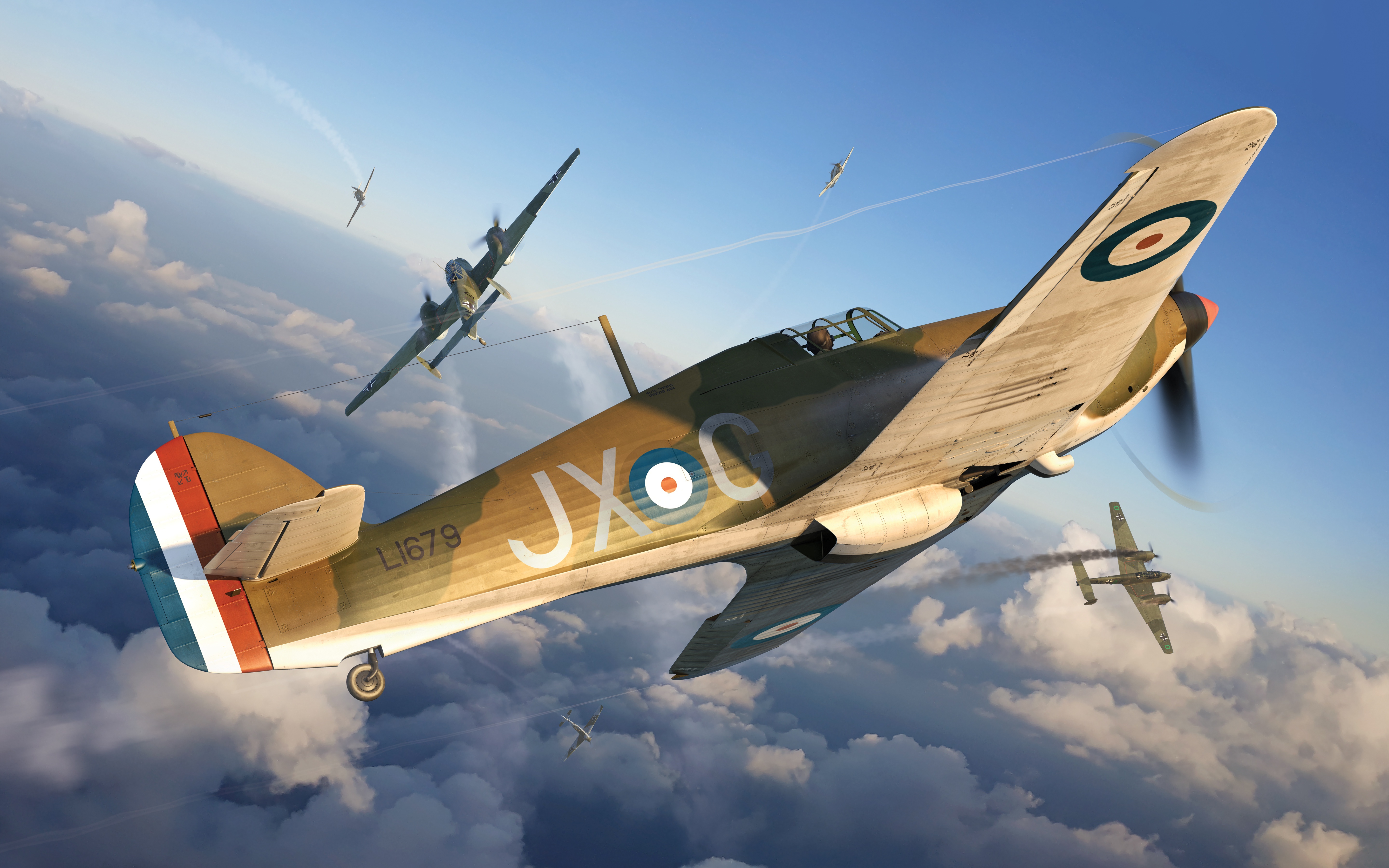 Hawker Hurricane 4K warplanes in flight HD Wallpaper