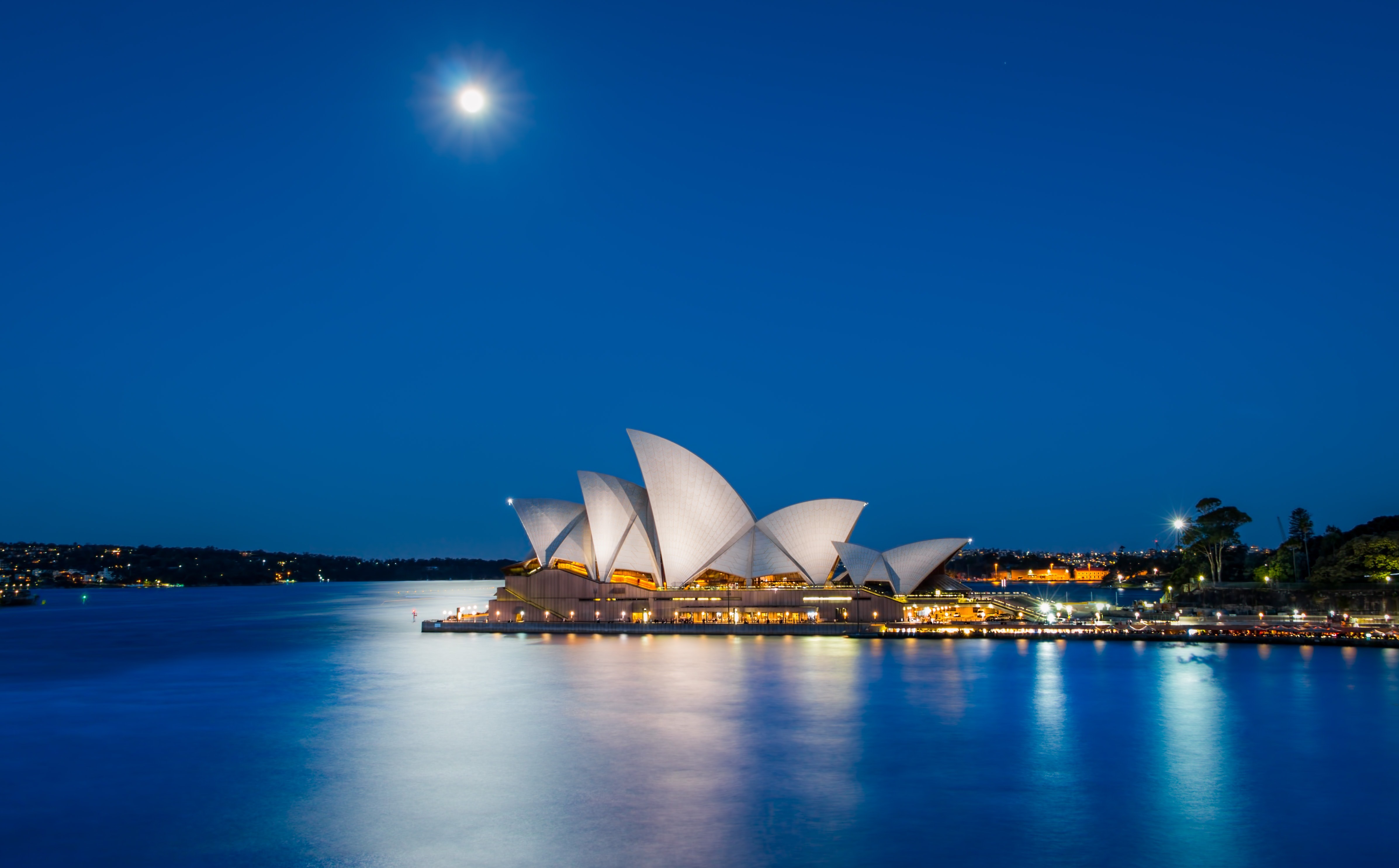 Sydney Opera House at night with moon HD Wallpaper