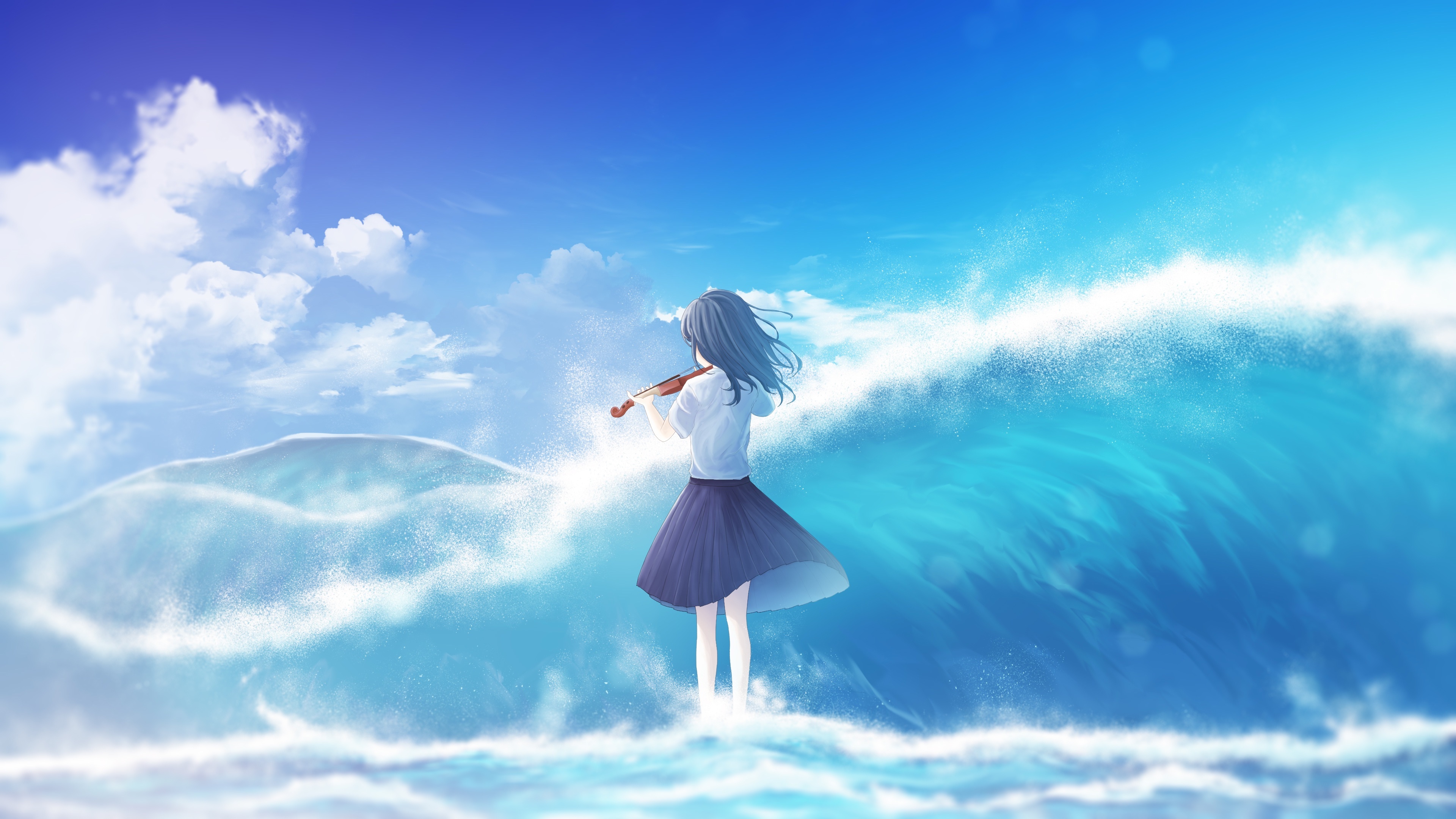 Girl playing violin on a wave 4K HD Wallpaper