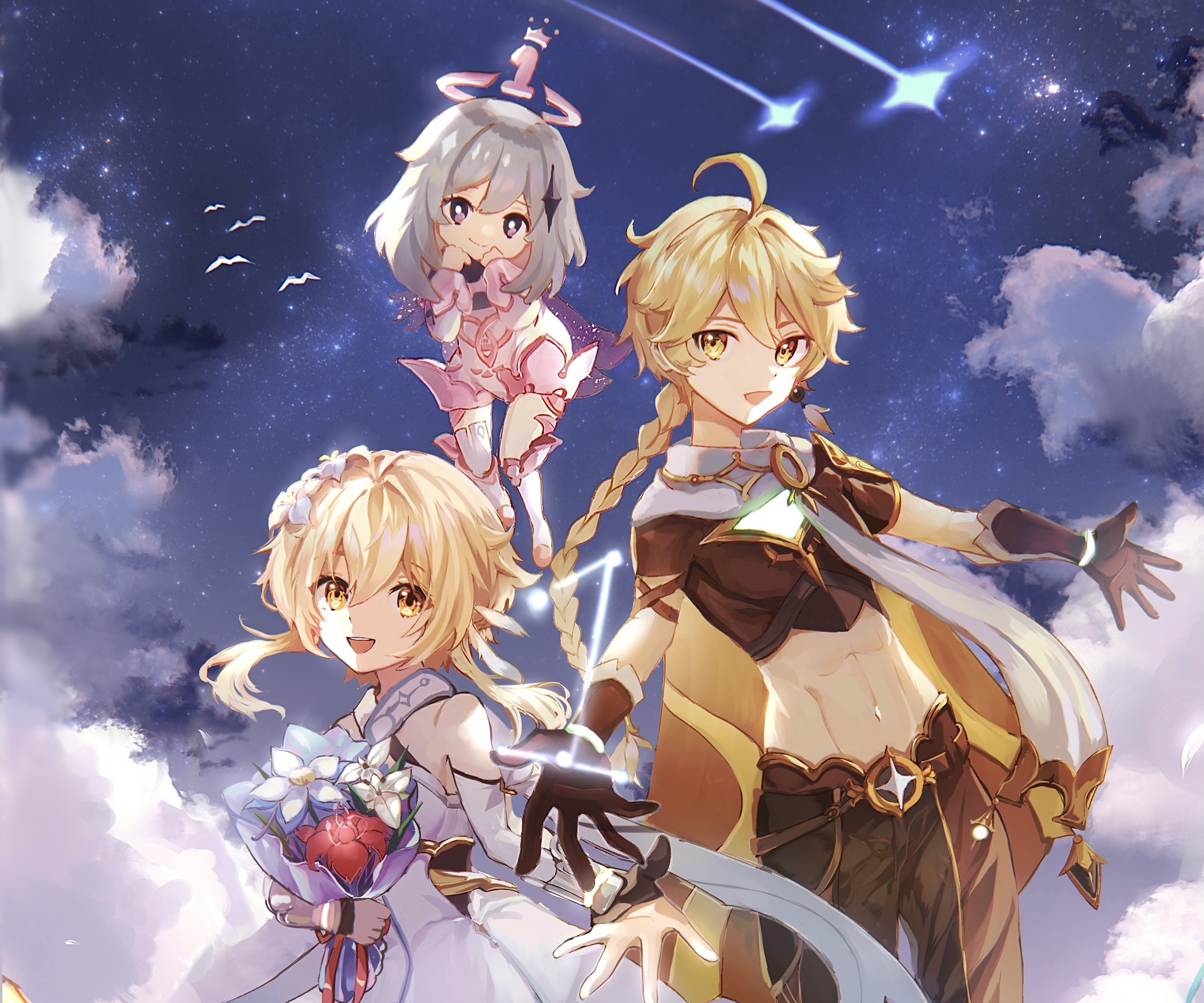 Aether, Lumine, and Paimon from Genshin Impact HD Wallpaper