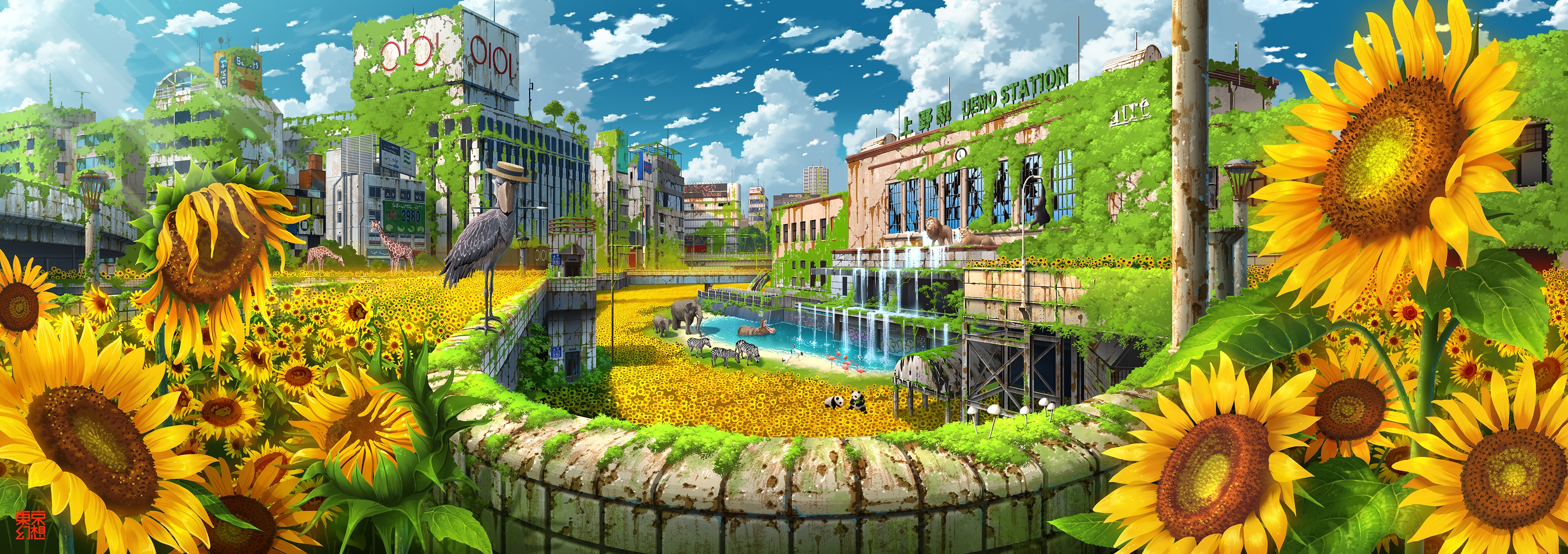 Post-apocalyptic city overgrown with sunflowers HD Wallpaper