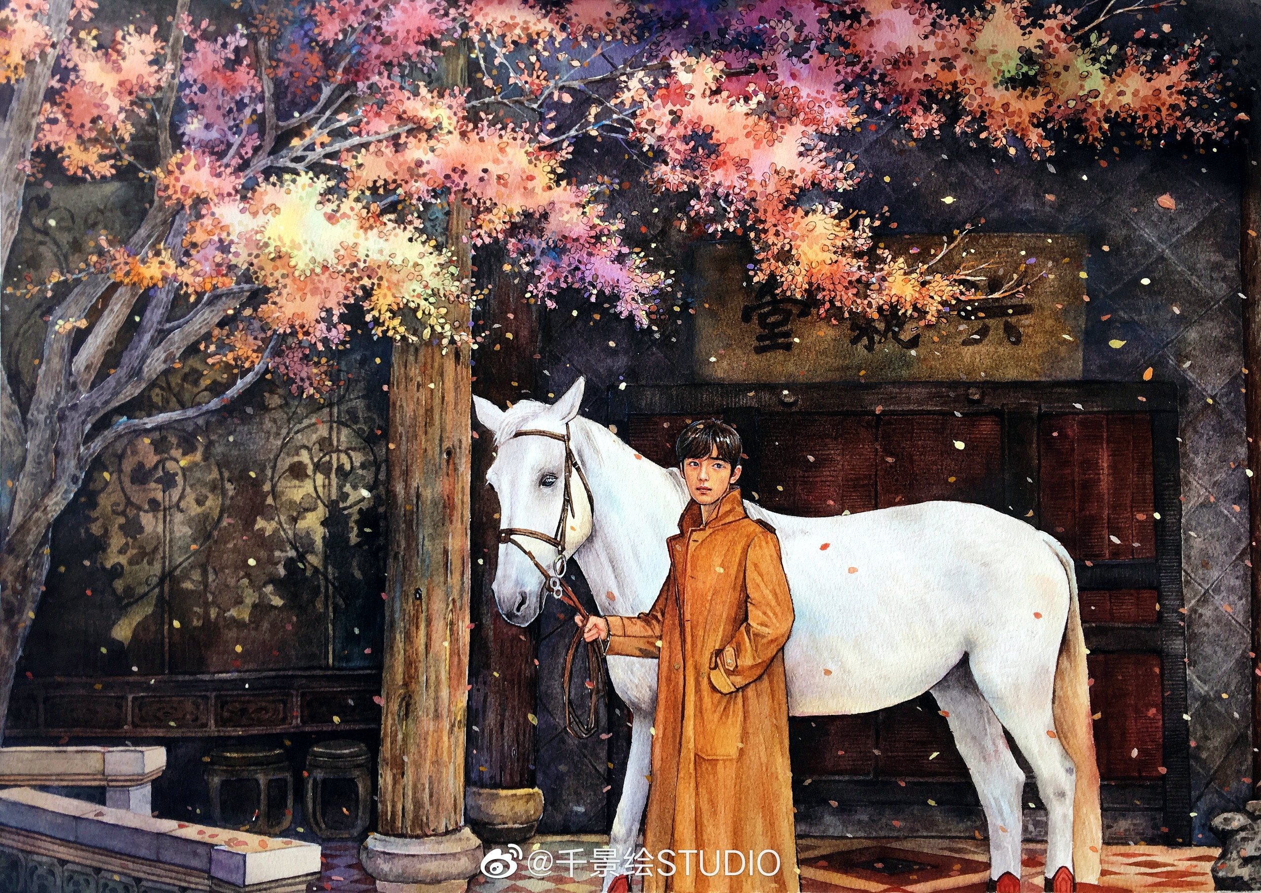 Xiao Zhan with a white horse under a blooming tree HD Wallpaper