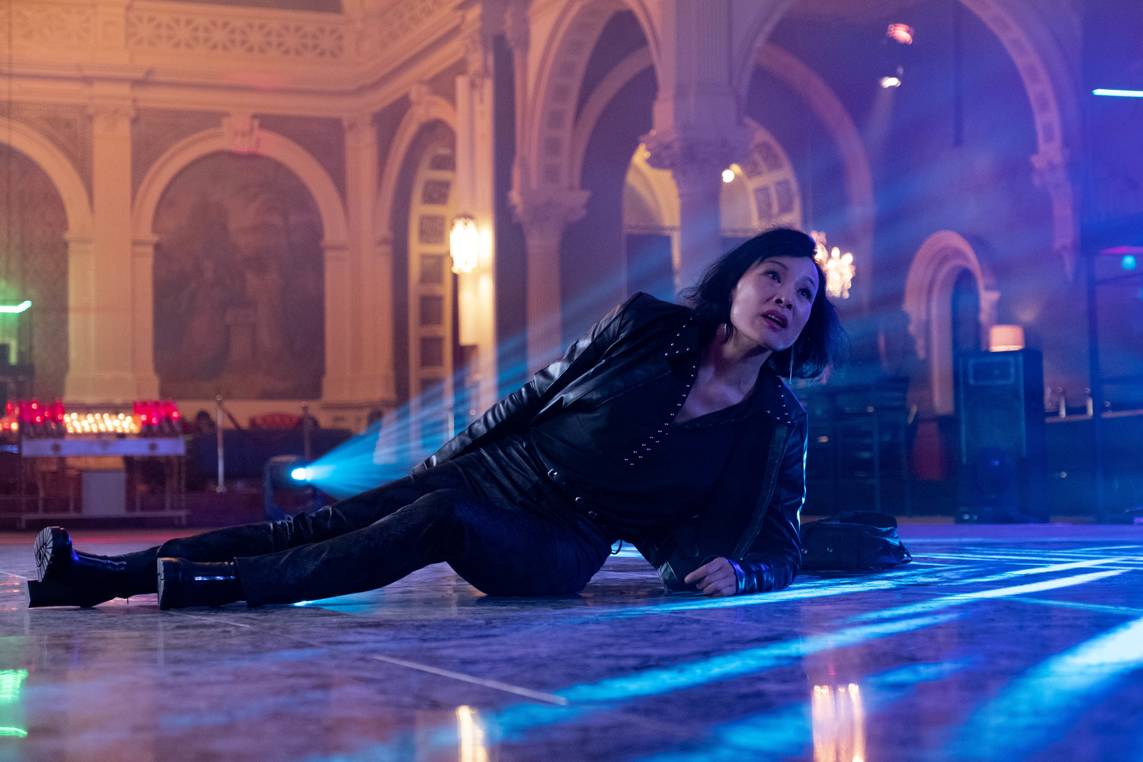 Joan Chen in a black leather jacket HD Wallpaper