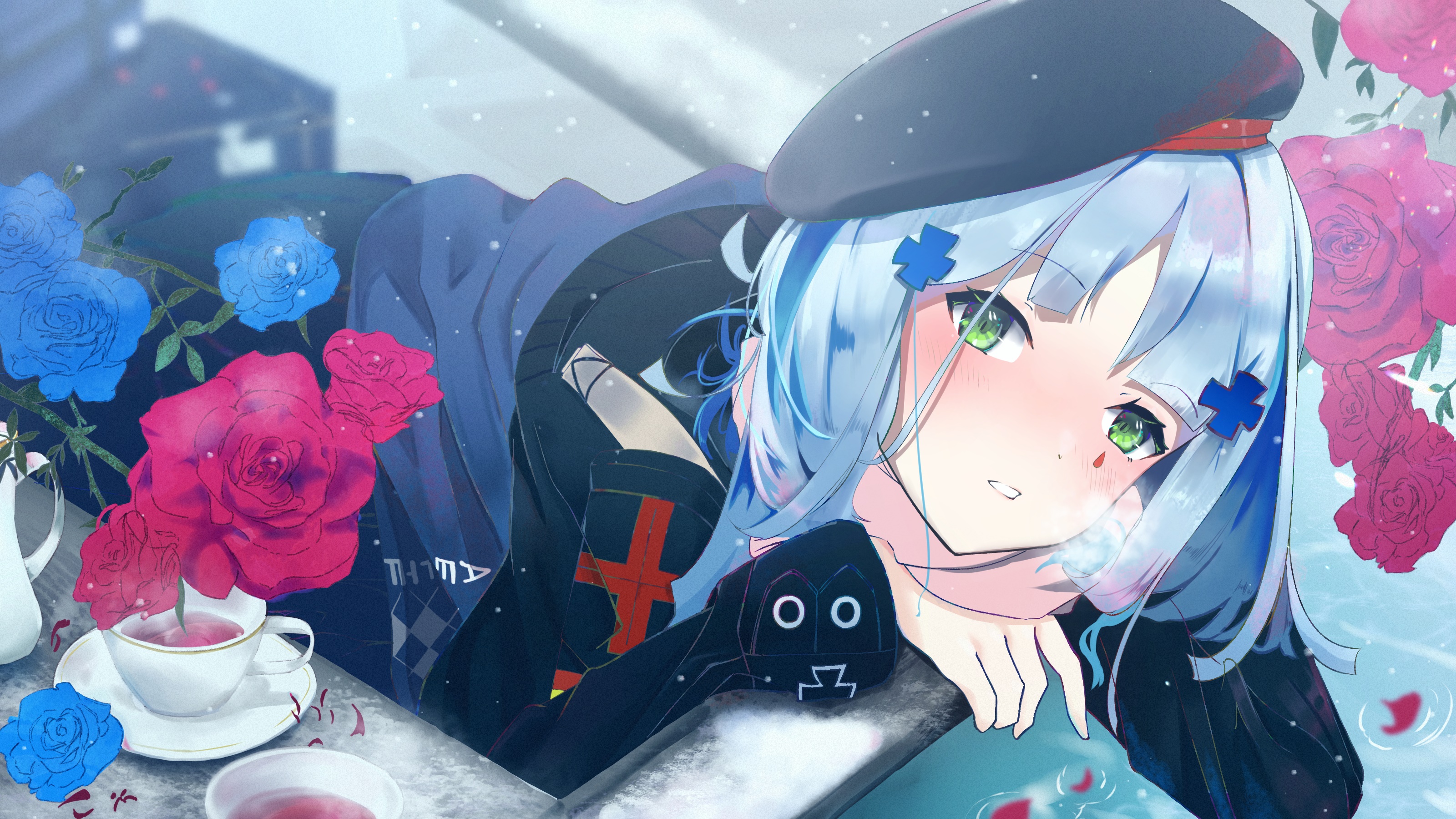 HK416 from Girls Frontline with roses and tea HD Wallpaper