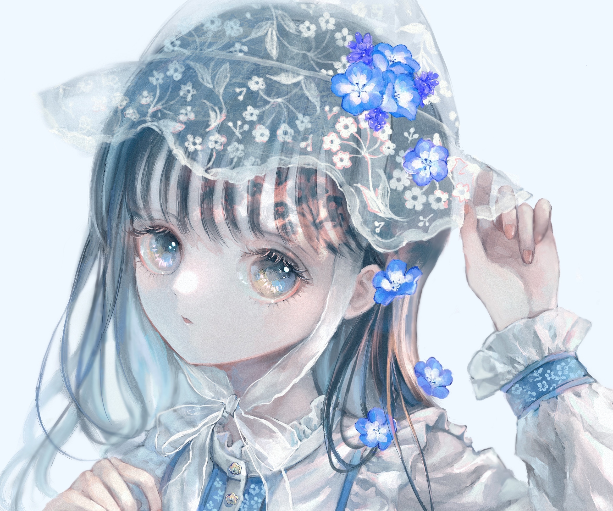 Anime girl with blue flowers and lace bonnet HD Wallpaper