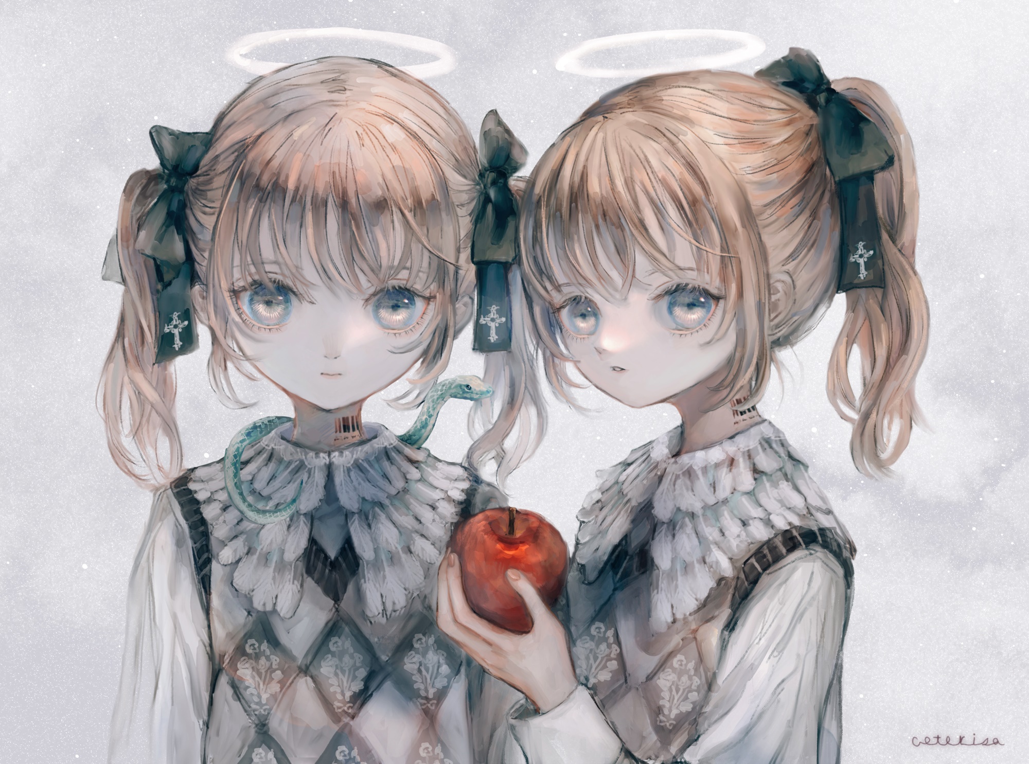 Two angelic girls with a snake and an apple HD Wallpaper