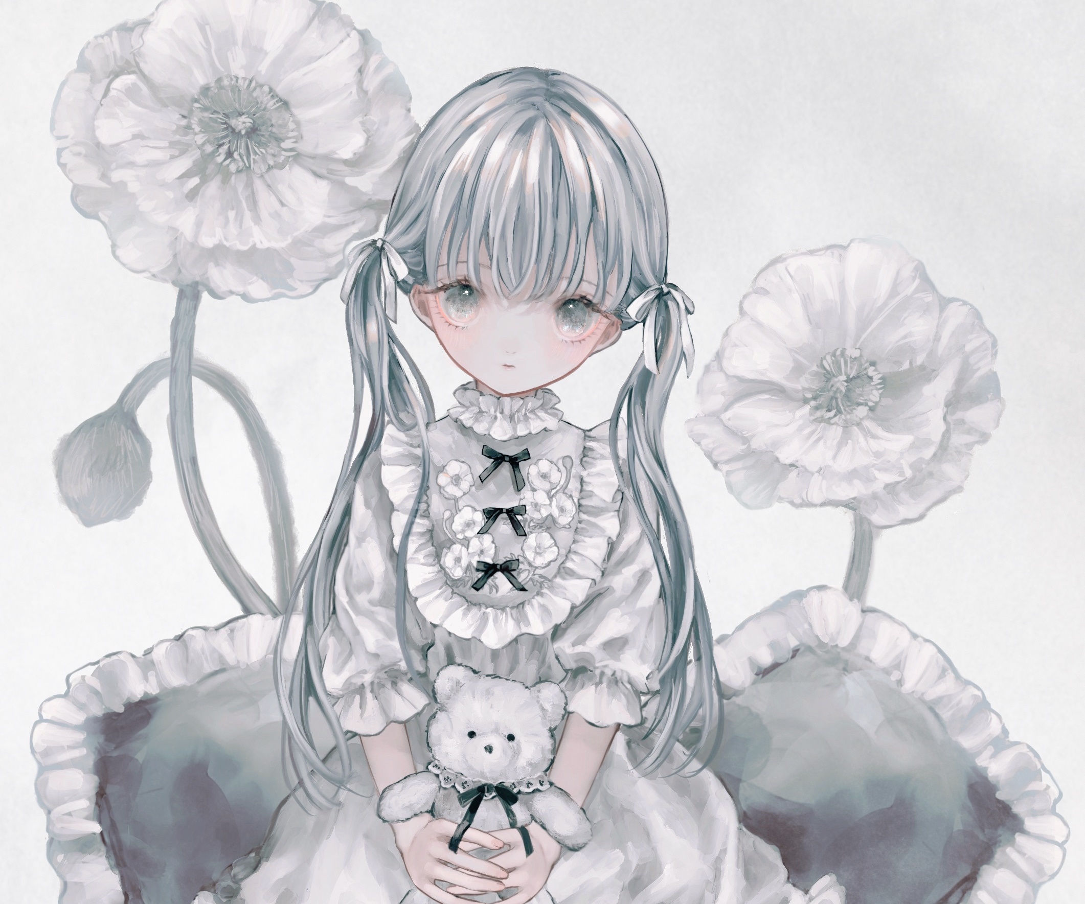 Girl in a white dress holding a teddy bear HD Wallpaper