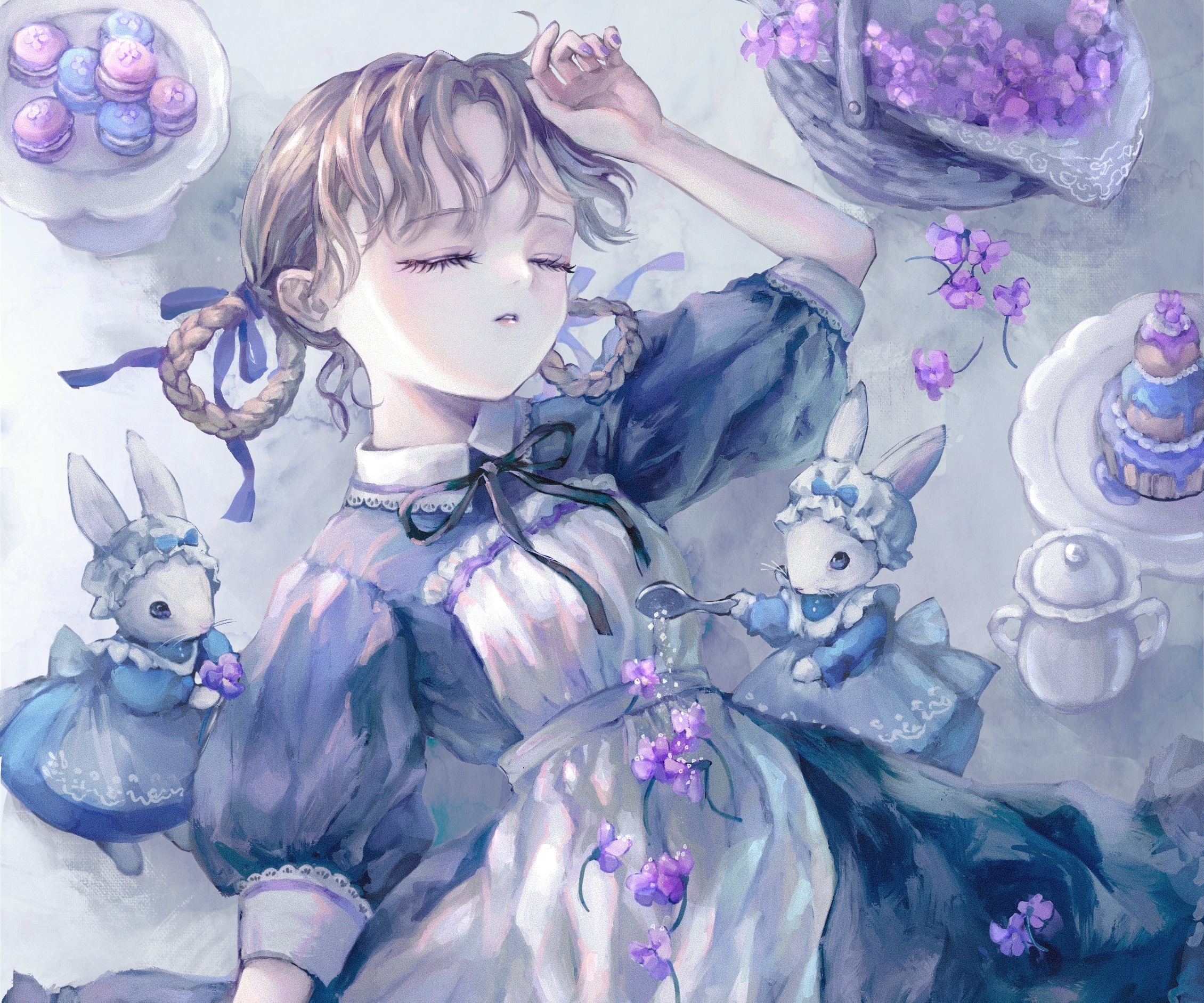 Girl sleeping with bunnies and macarons HD Wallpaper