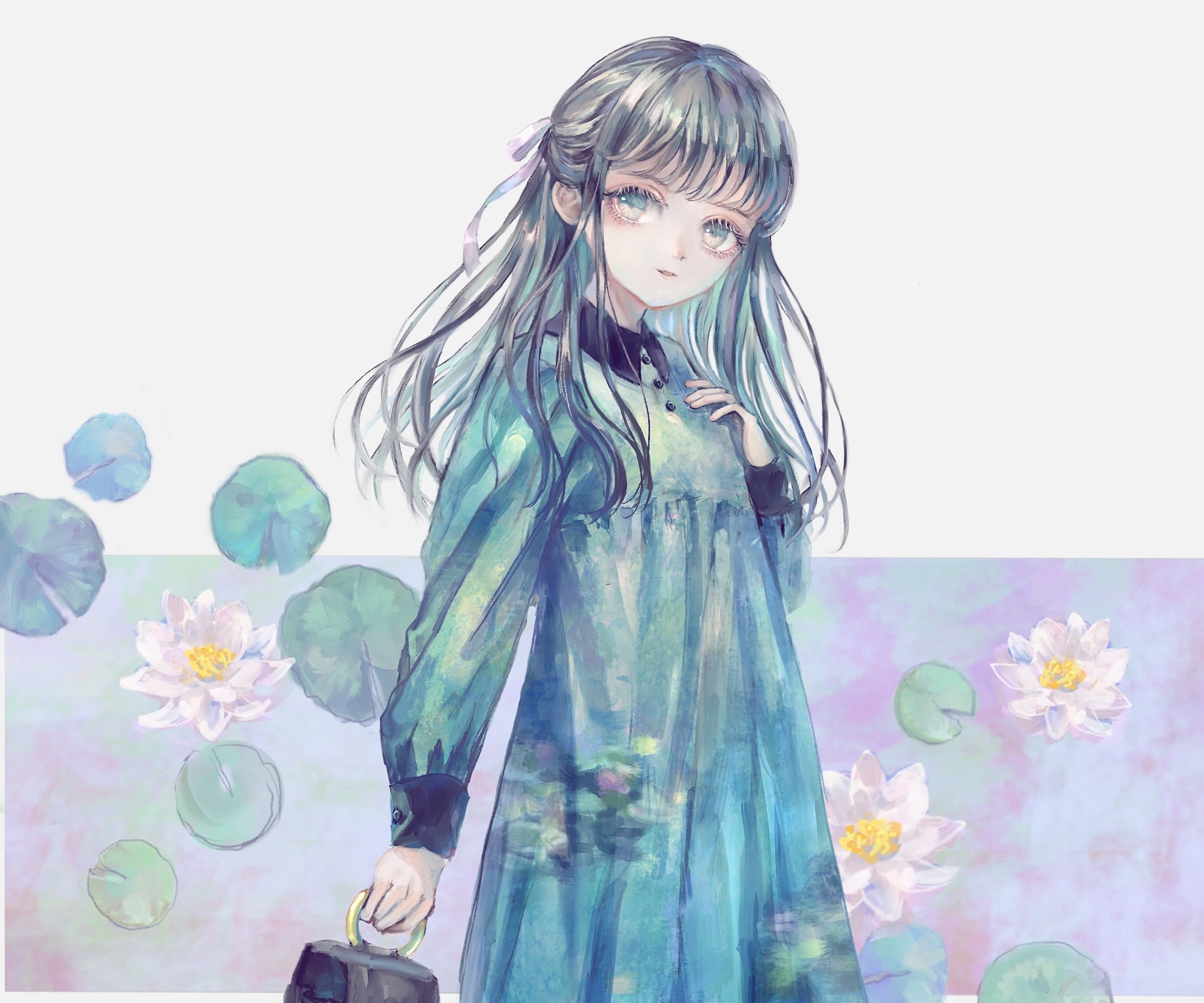 Anime girl in a blue dress with water lilies HD Wallpaper