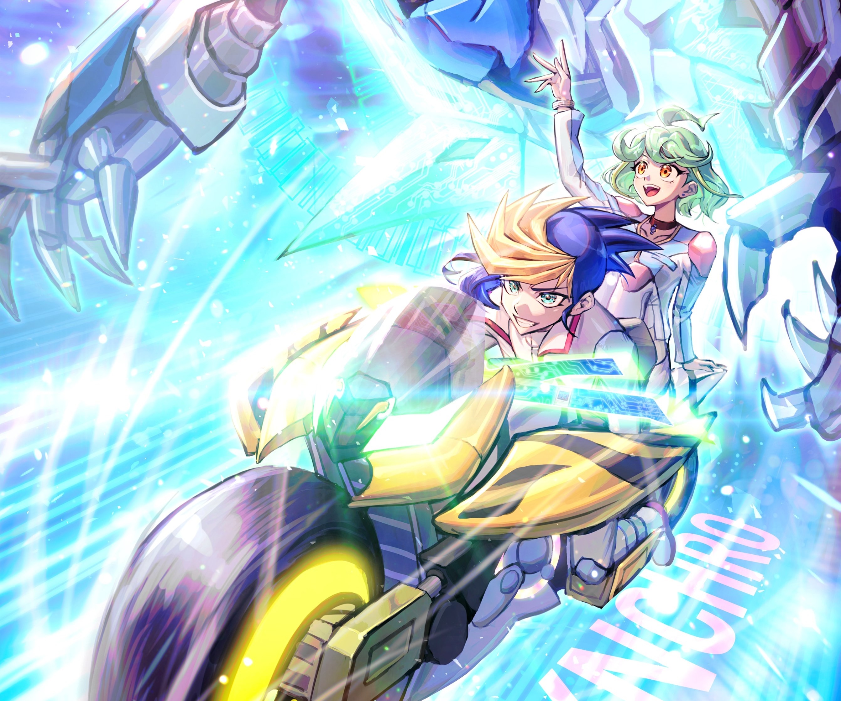 Yuugo and Rin from Yu-Gi-Oh! Arc-V on a motorcycle HD Wallpaper