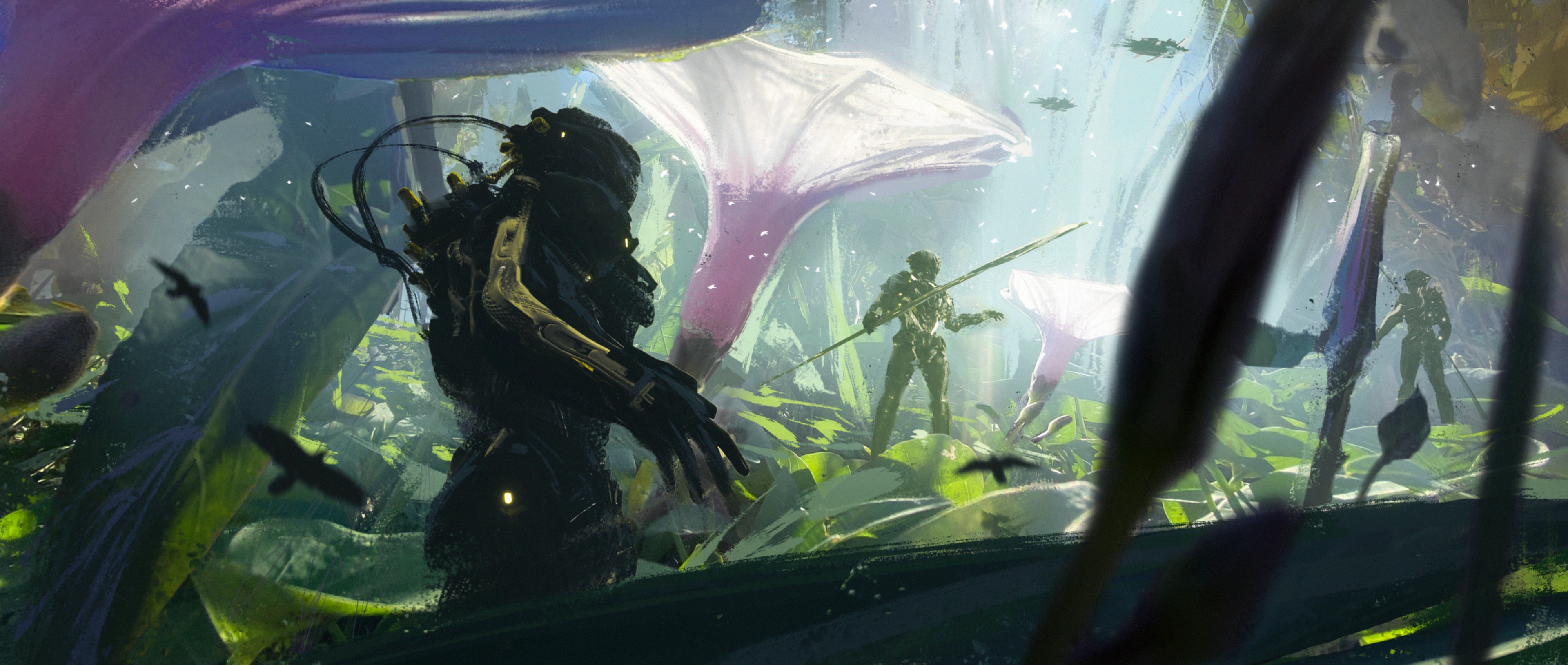 Sci-fi soldiers in a vibrant alien jungle HD Wallpaper