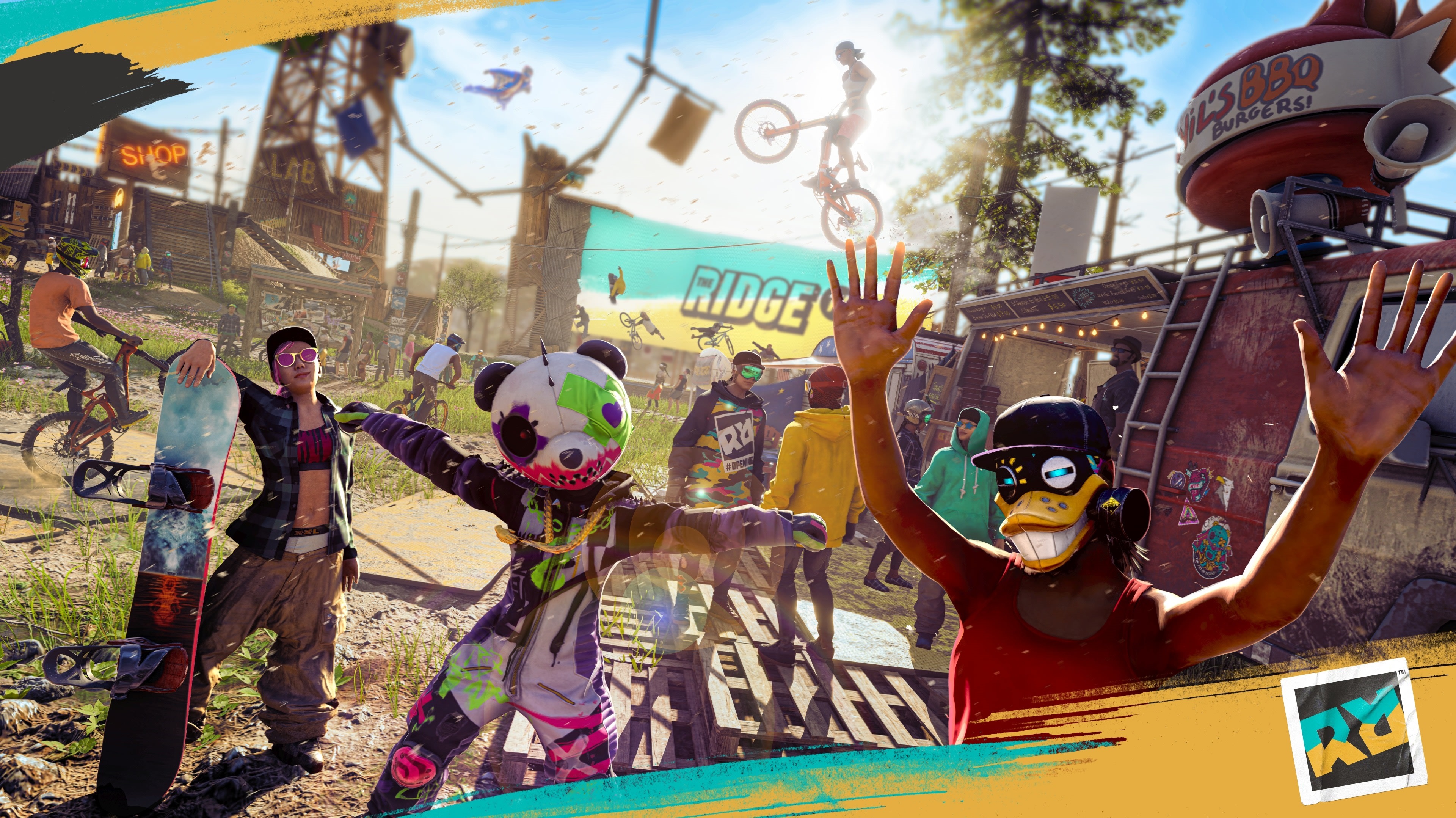 Riders Republic characters with snowboards and bikes HD Wallpaper