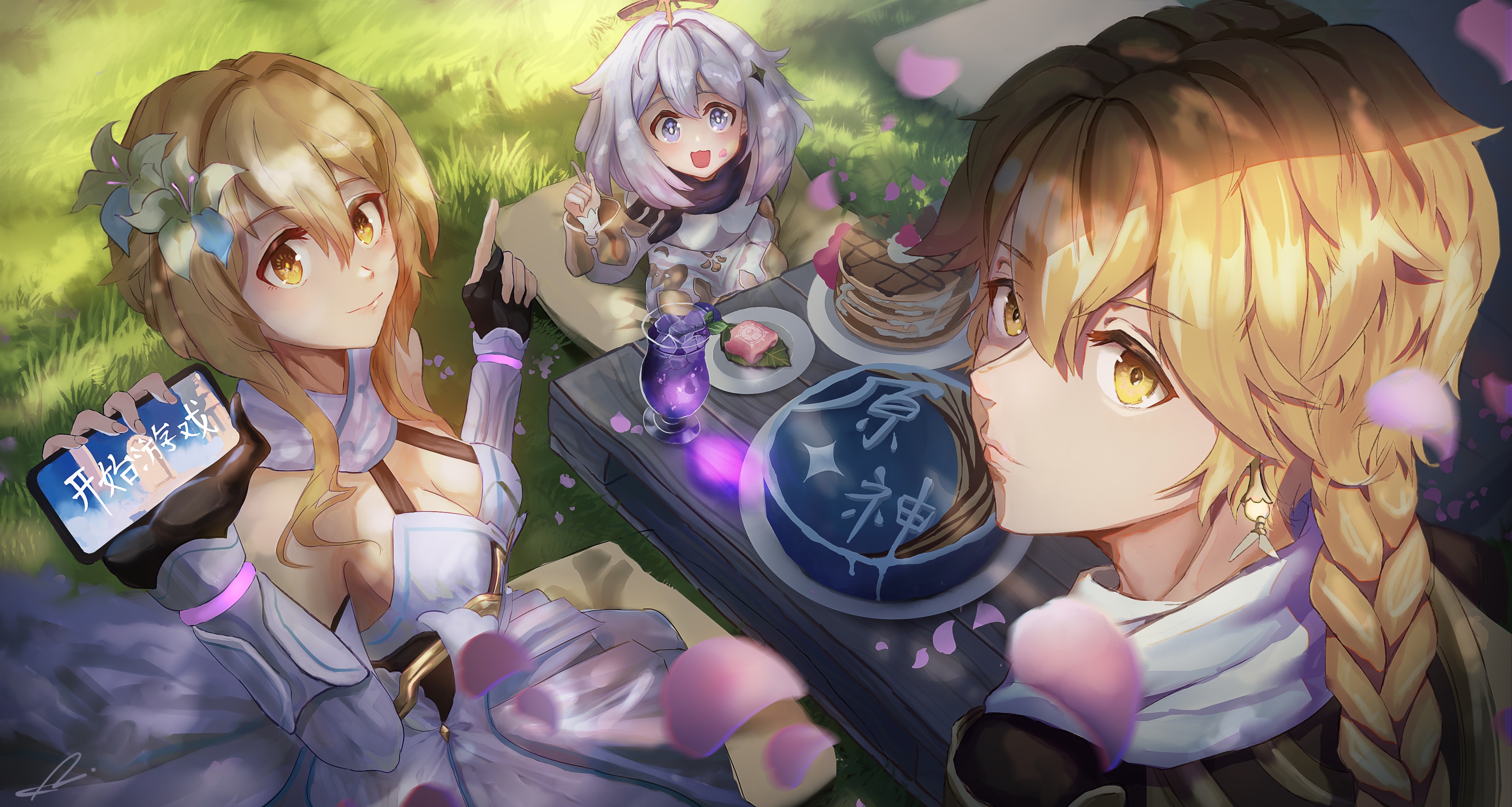 Lumine, Paimon, and Aether from Genshin Impact having a picnic HD Wallpaper