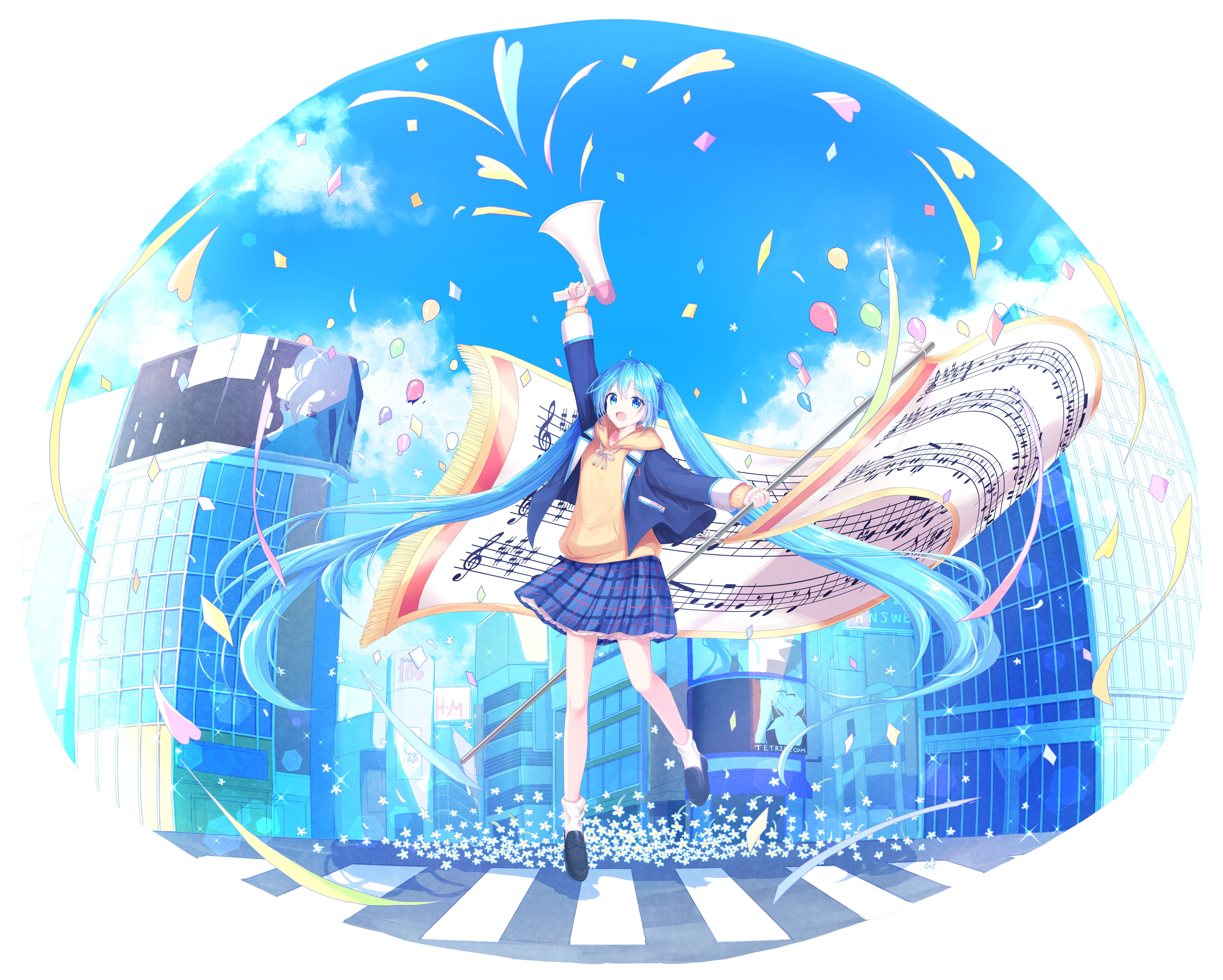 Hatsune Miku with Music Sheet in City HD Wallpaper