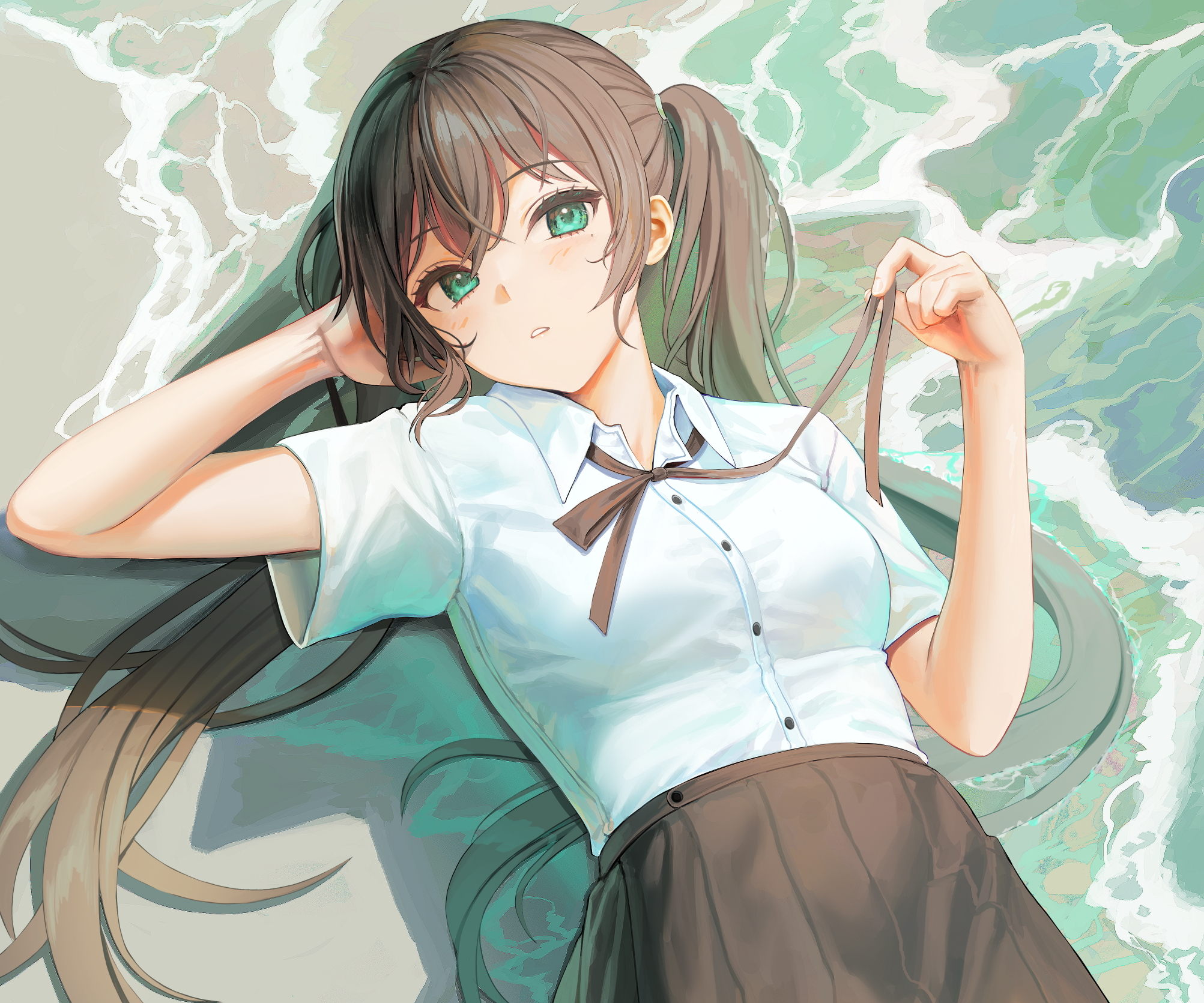 Girl lying down with green eyes and brown hair HD Wallpaper