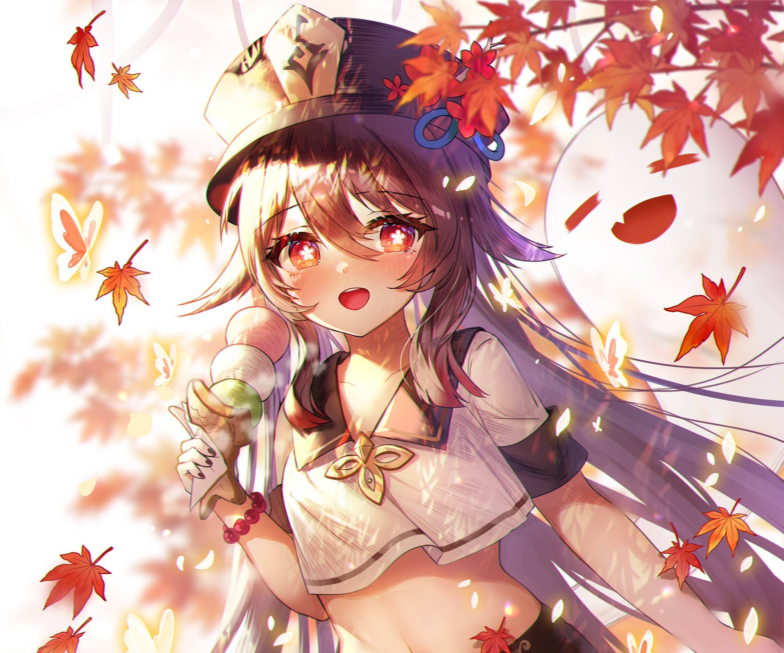 Hu Tao from Genshin Impact with a ghost HD Wallpaper
