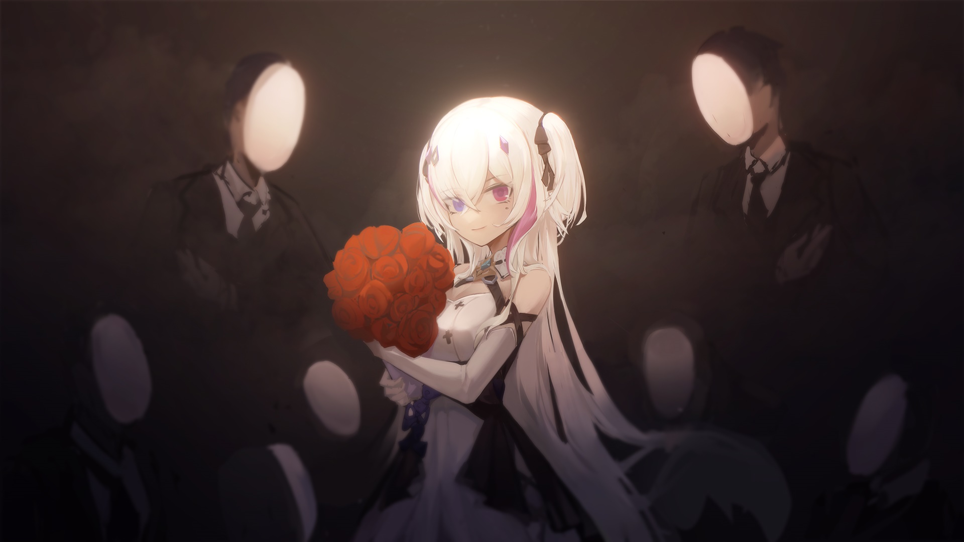 Girl with heterochromia holding roses surrounded by faceless figures HD Wallpaper