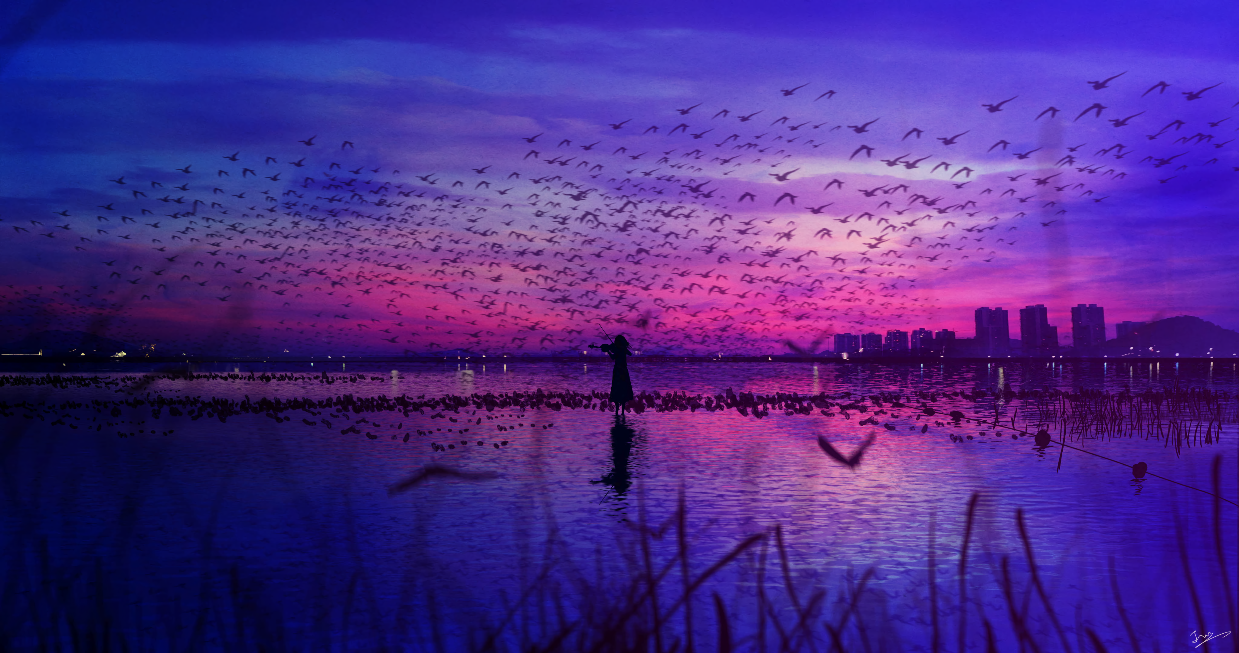 Girl watching birds at sunset cityscape 4K HD Wallpaper