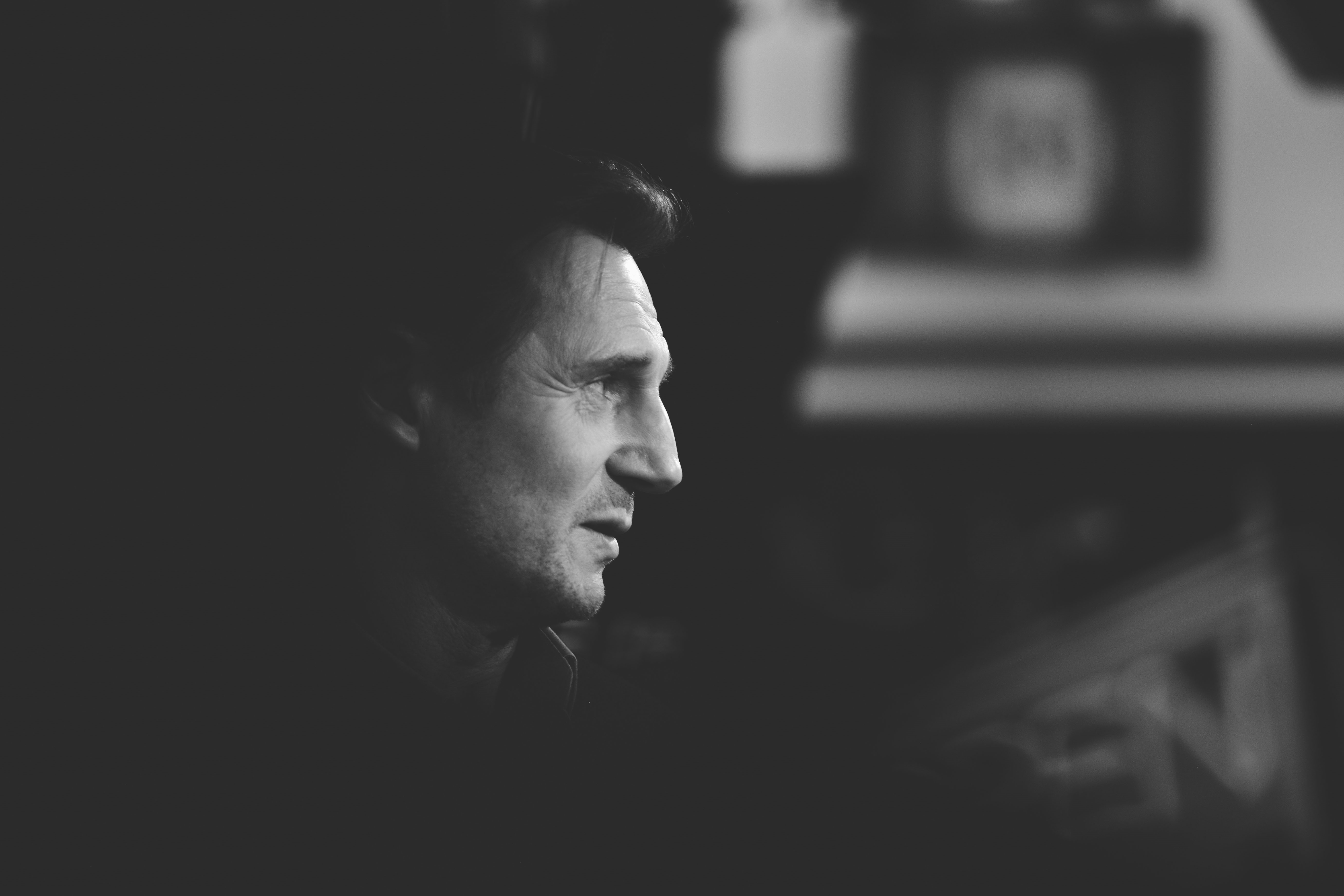 Liam Neeson Black and White Portrait HD Wallpaper