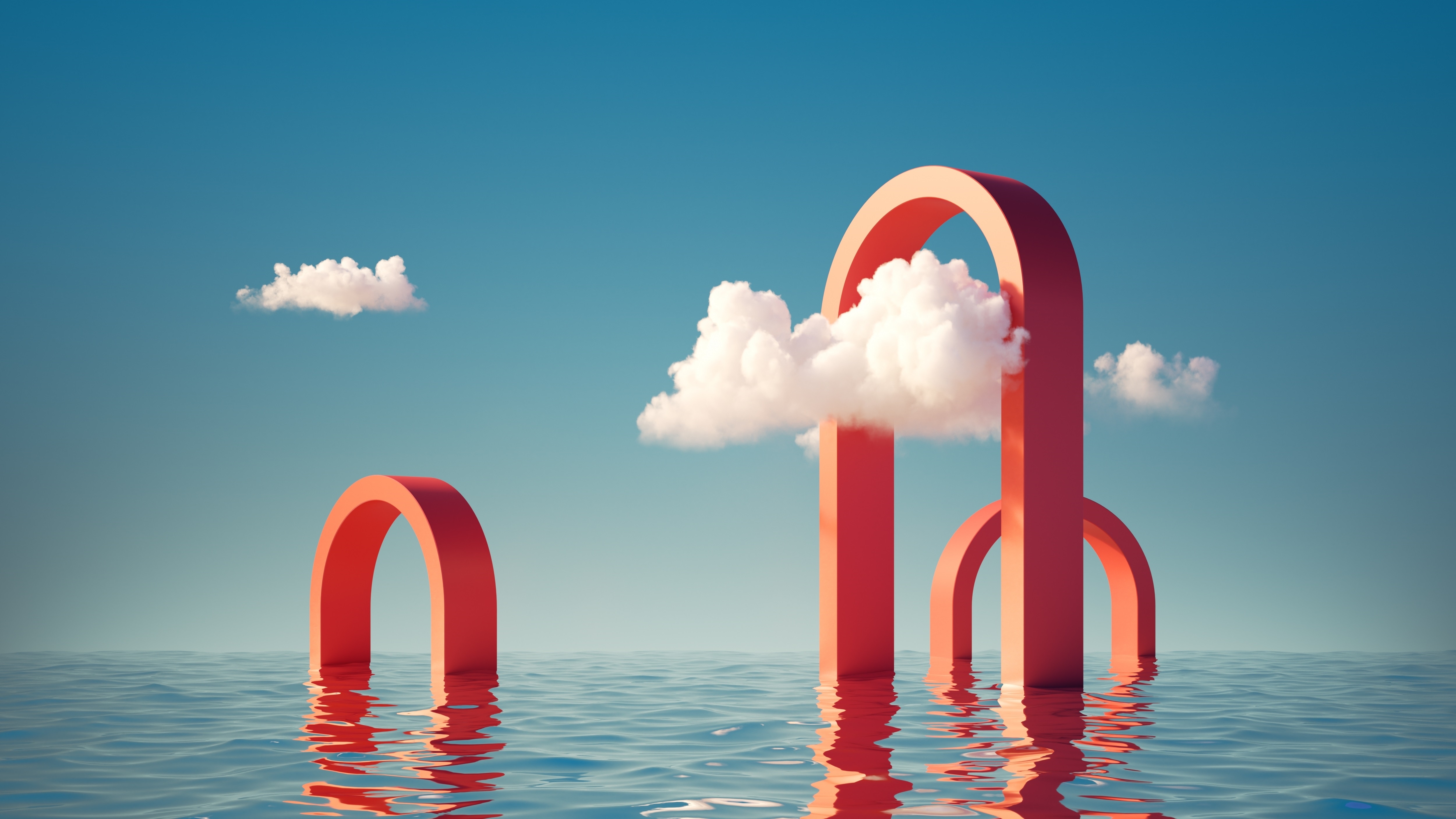 3D Render of Red Arches in Ocean with Clouds HD Wallpaper