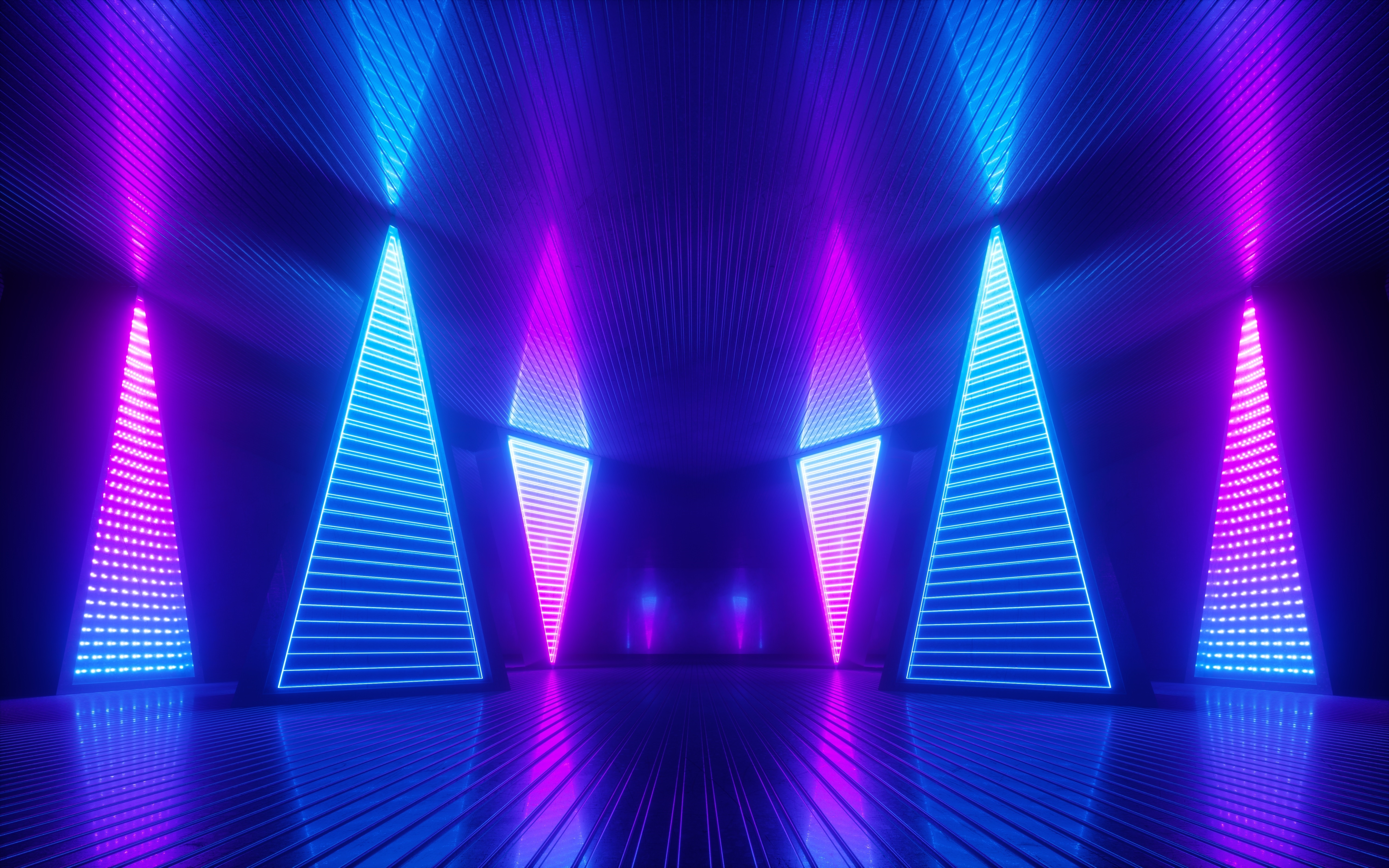 Neon Pyramid Hallway with Blue and Pink Lights HD Wallpaper