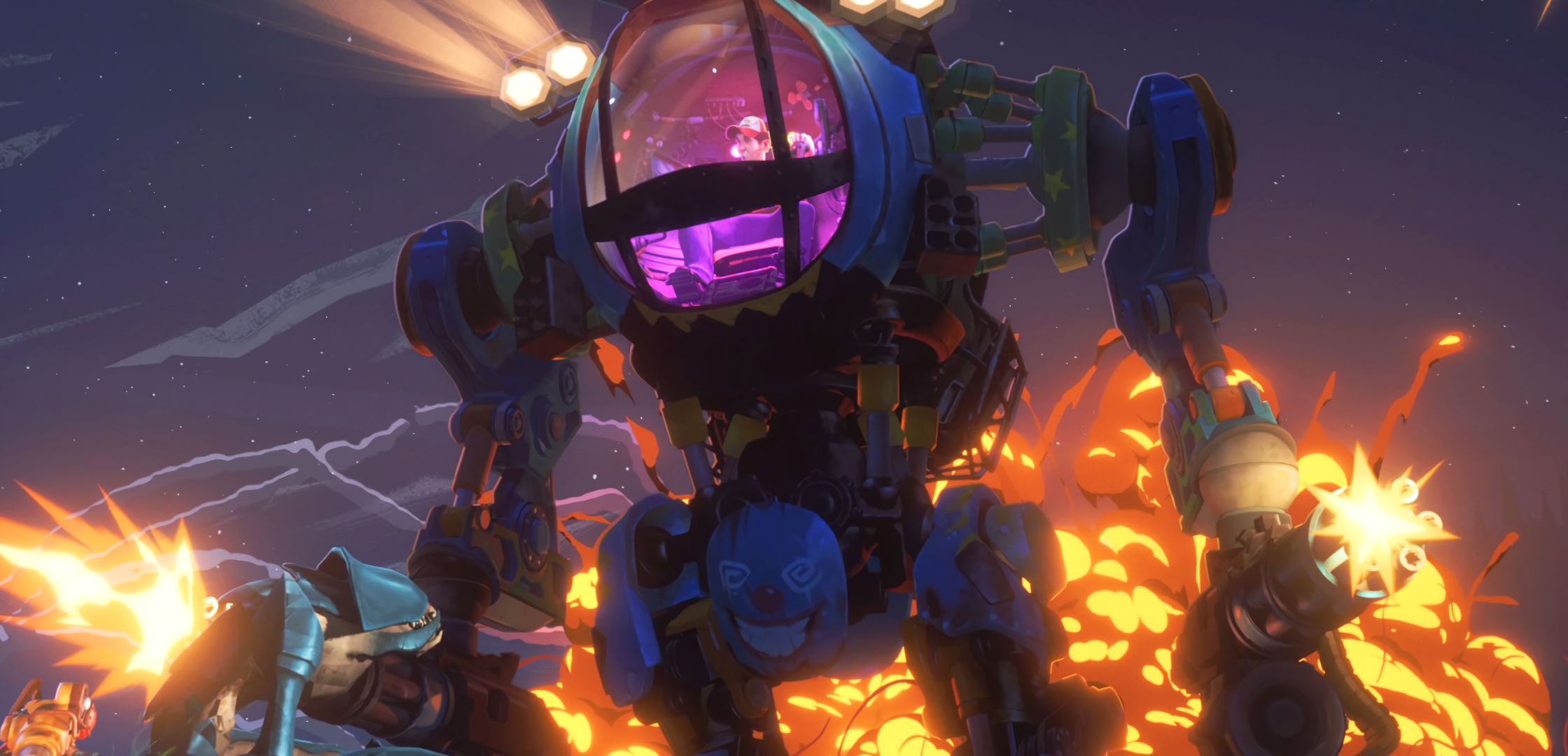 Robot with clown face in explosion HD Wallpaper