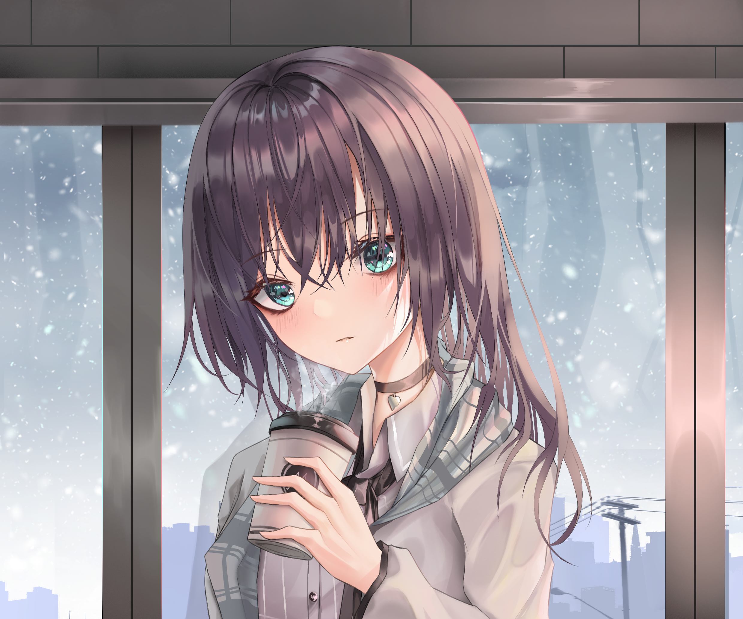 Anime girl with blue eyes holding a coffee cup HD Wallpaper