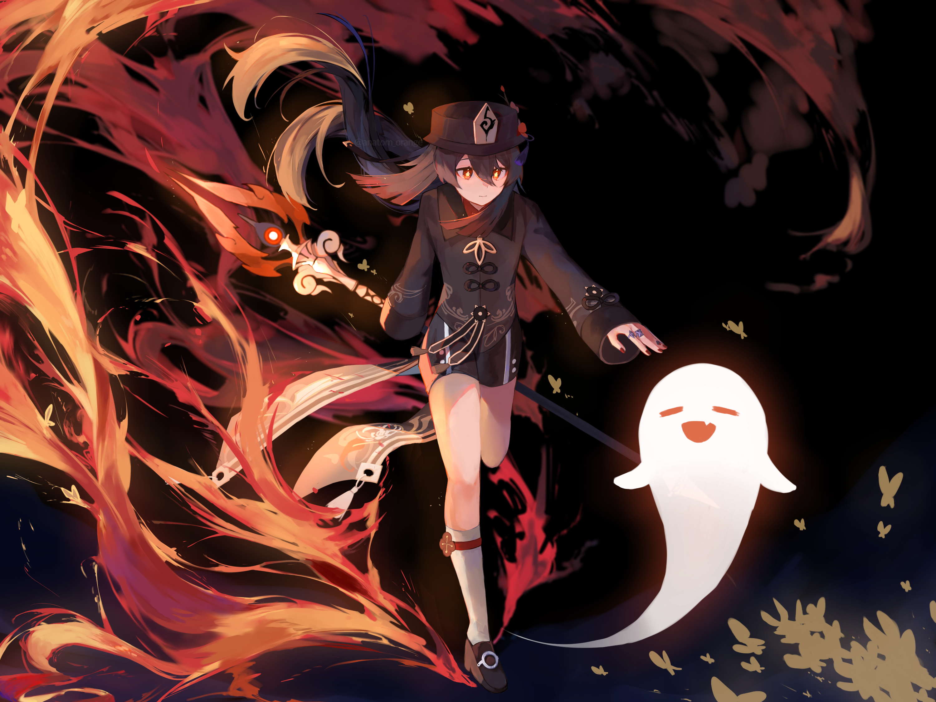 Hu Tao from Genshin Impact with a ghost companion HD Wallpaper